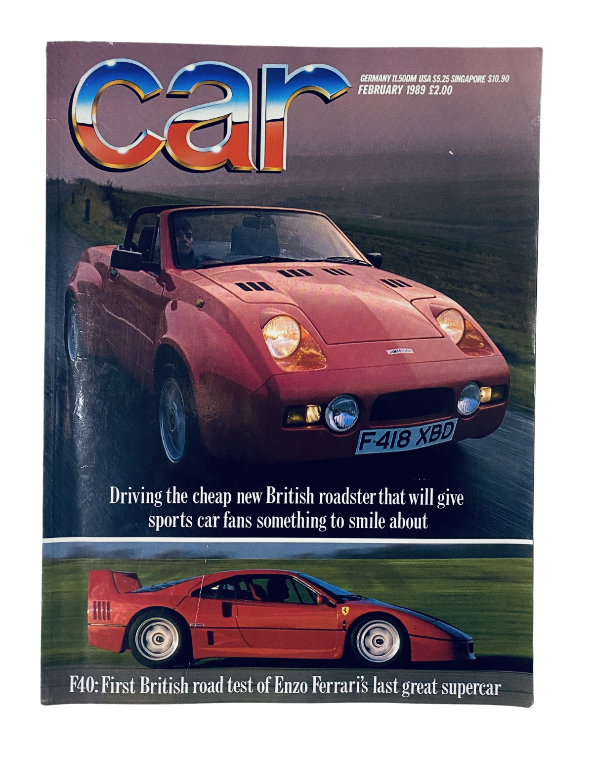 Car Magazine February 1989 cover featuring a British roadster and Ferrari F40, showcasing sports cars for enthusiasts.