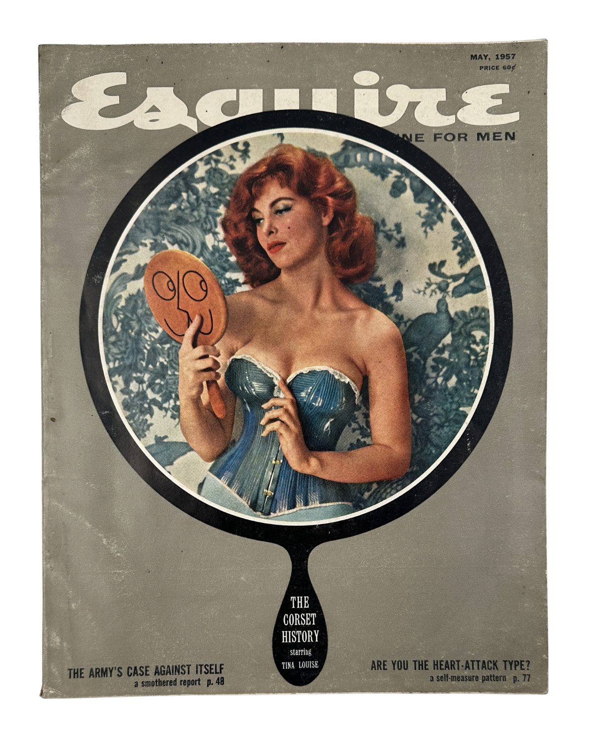 Esquire Magazine cover for May 1957 featuring an illustration of Tina Louise in a corset, with the article title 'The Corset History' and reference to 'The Army’s Case Against Itself'.