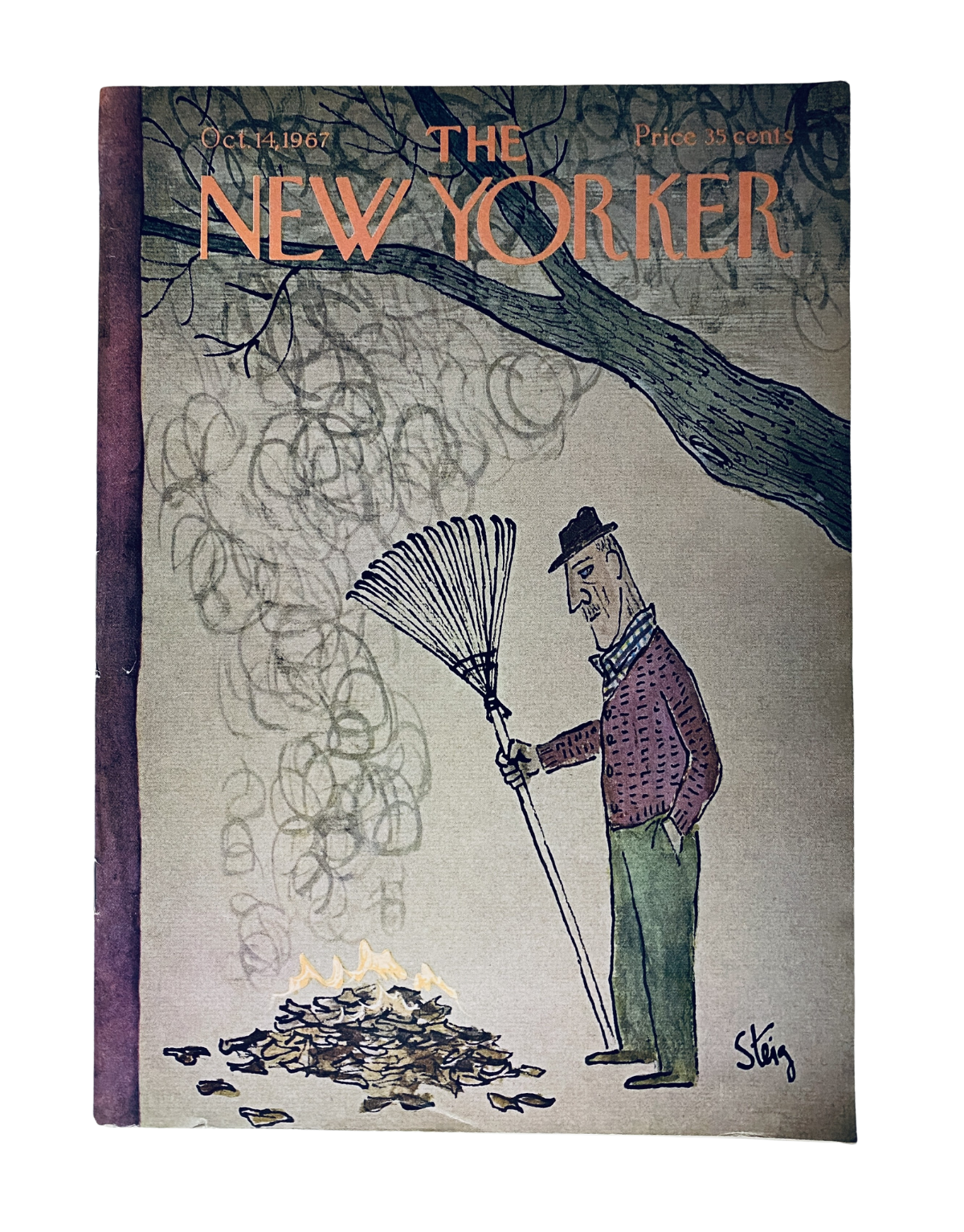 Cover of The New Yorker Magazine from October 14, 1967, featuring an illustration of a man raking leaves over a small fire, designed by artist S. Sloane.