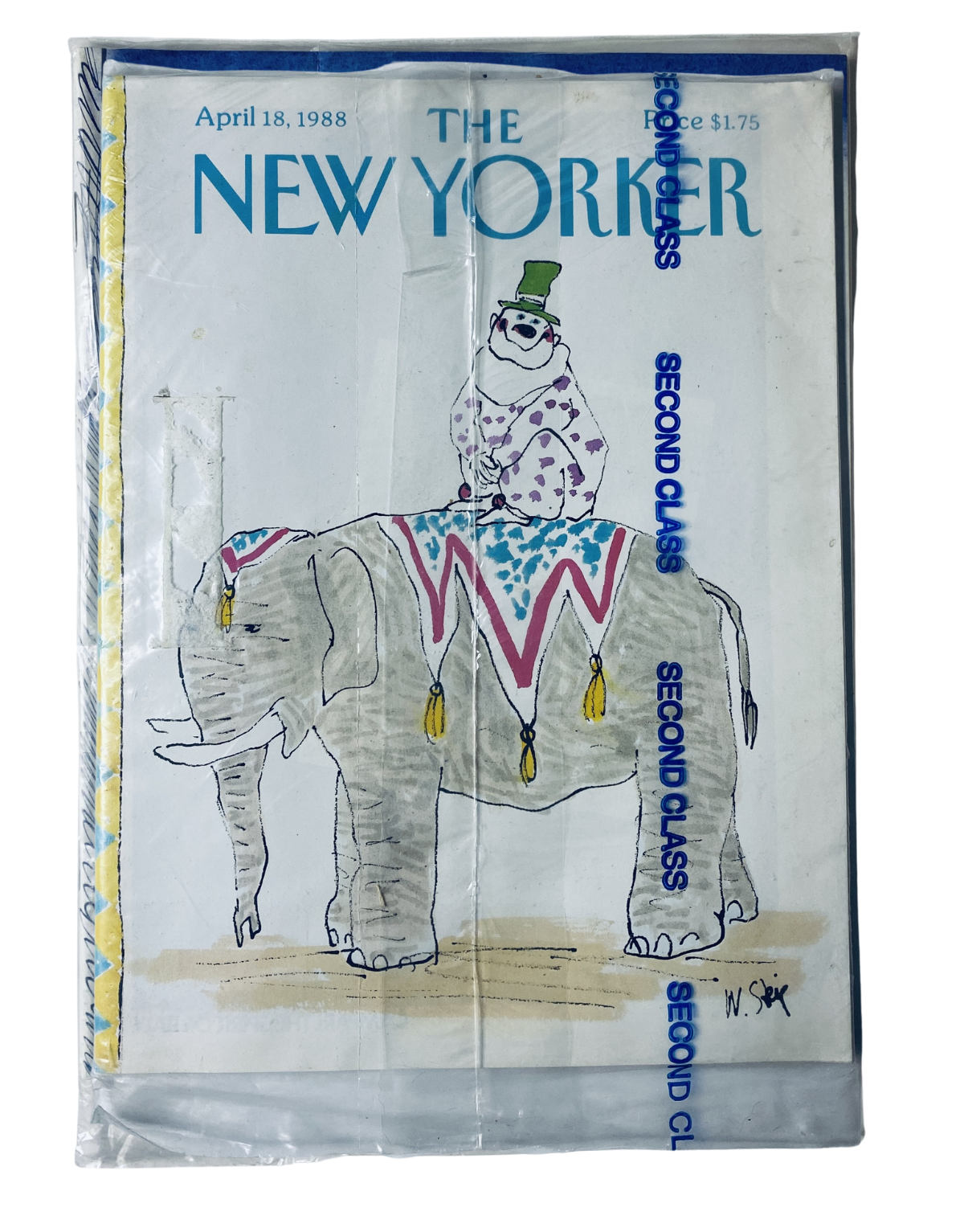 SEALED The New Yorker Magazine April 18, 1988 featuring a whimsical cover illustration of a clown riding an elephant, ideal for collectors of vintage publications.