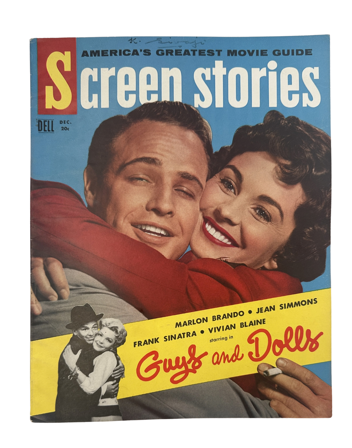 Cover of Screen Stories Magazine, December 1955, featuring Marlon Brando and Jean Simmons promoting Guys and Dolls.