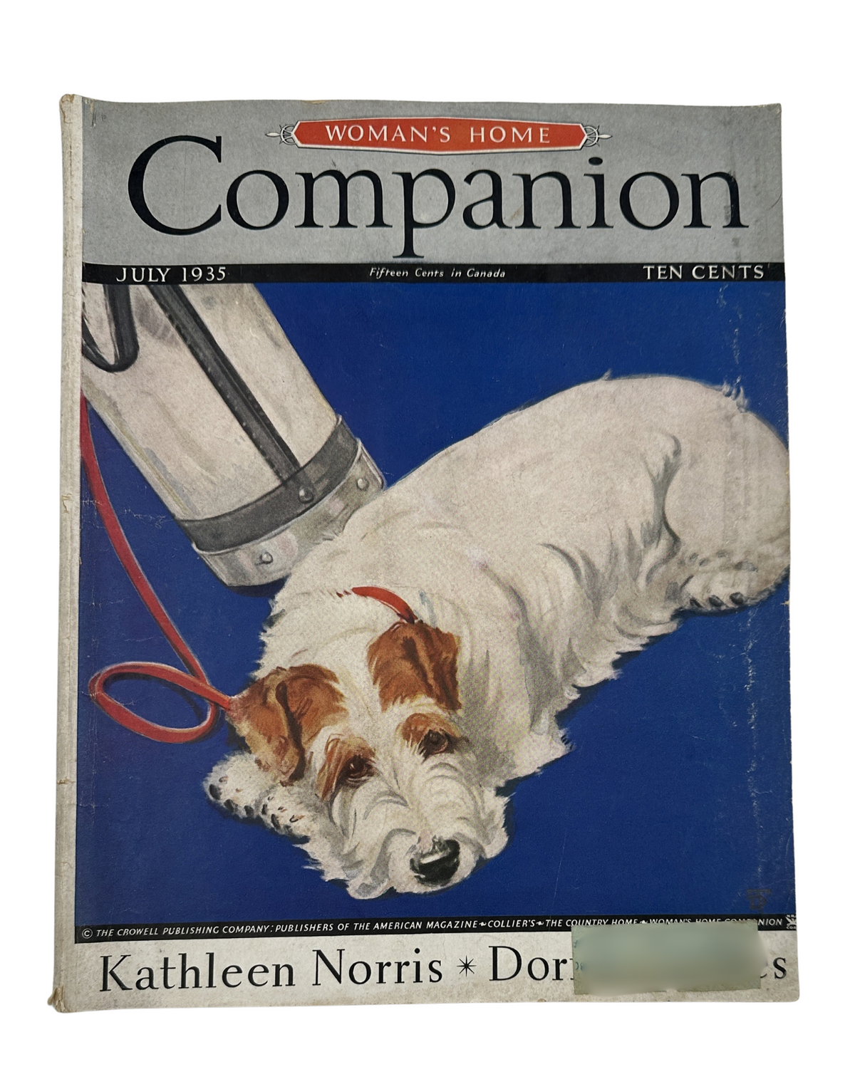 Cover of Woman's Home Companion Magazine July 1935 featuring a dog illustration and stories by Kathleen Norris.