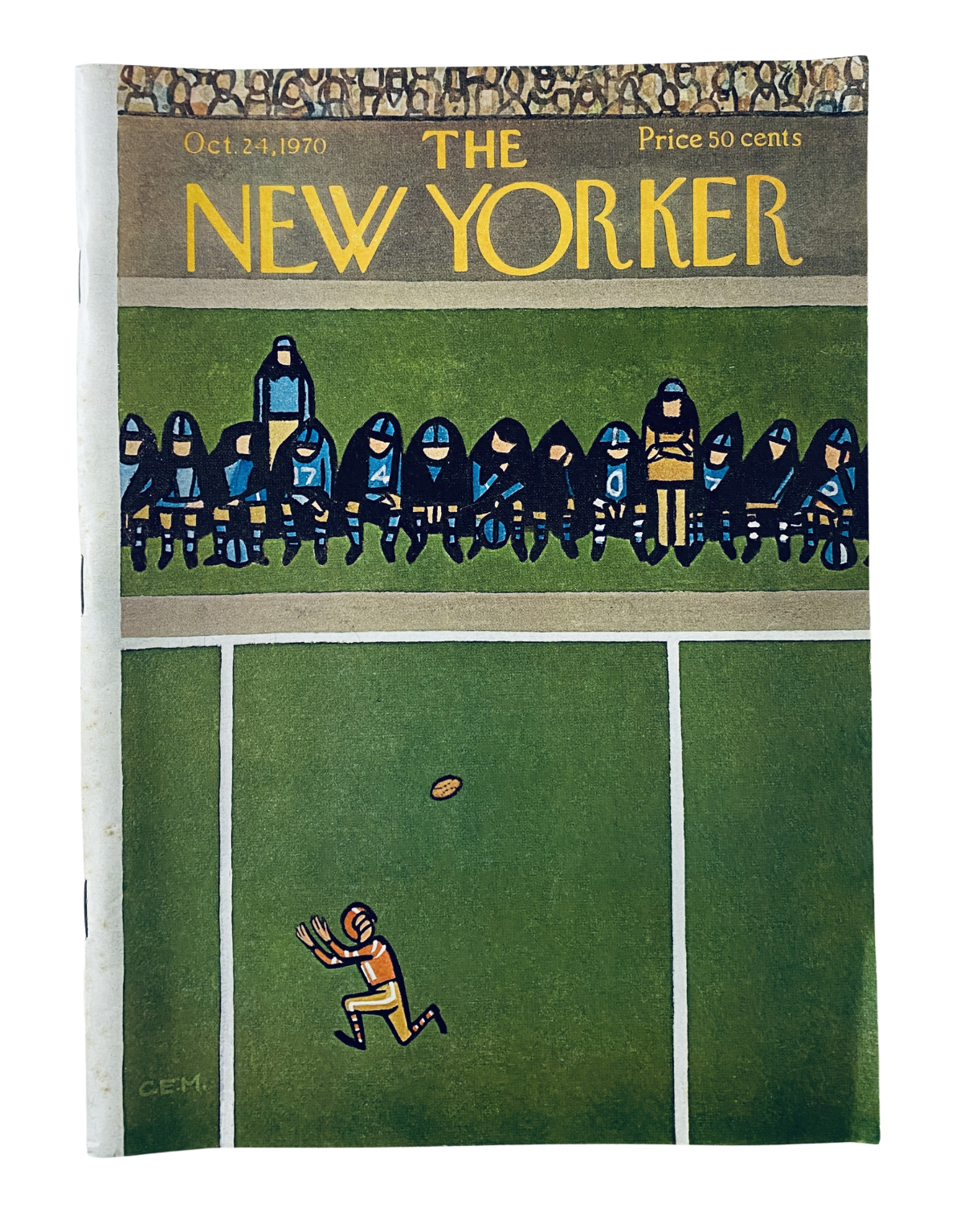 Cover of The New Yorker Magazine from October 24, 1970 featuring a football catch illustration by Charles Martin. The design showcases players in a football game with a vibrant color palette.