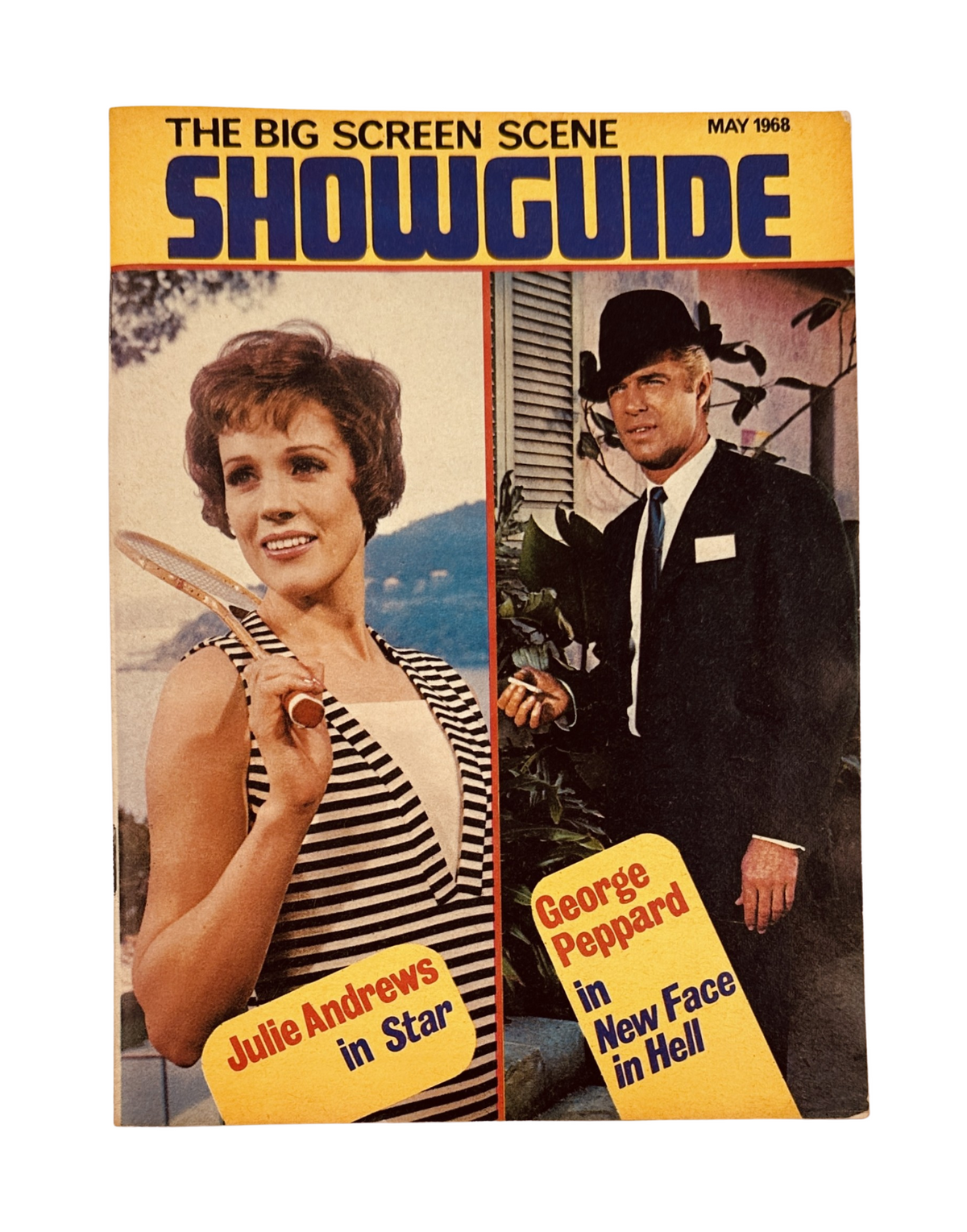 Cover of Showguide Magazine May 1968 featuring Julie Andrews in Star and George Peppard in New Face in Hell, showcasing classic film stars from the late-1960s era.
