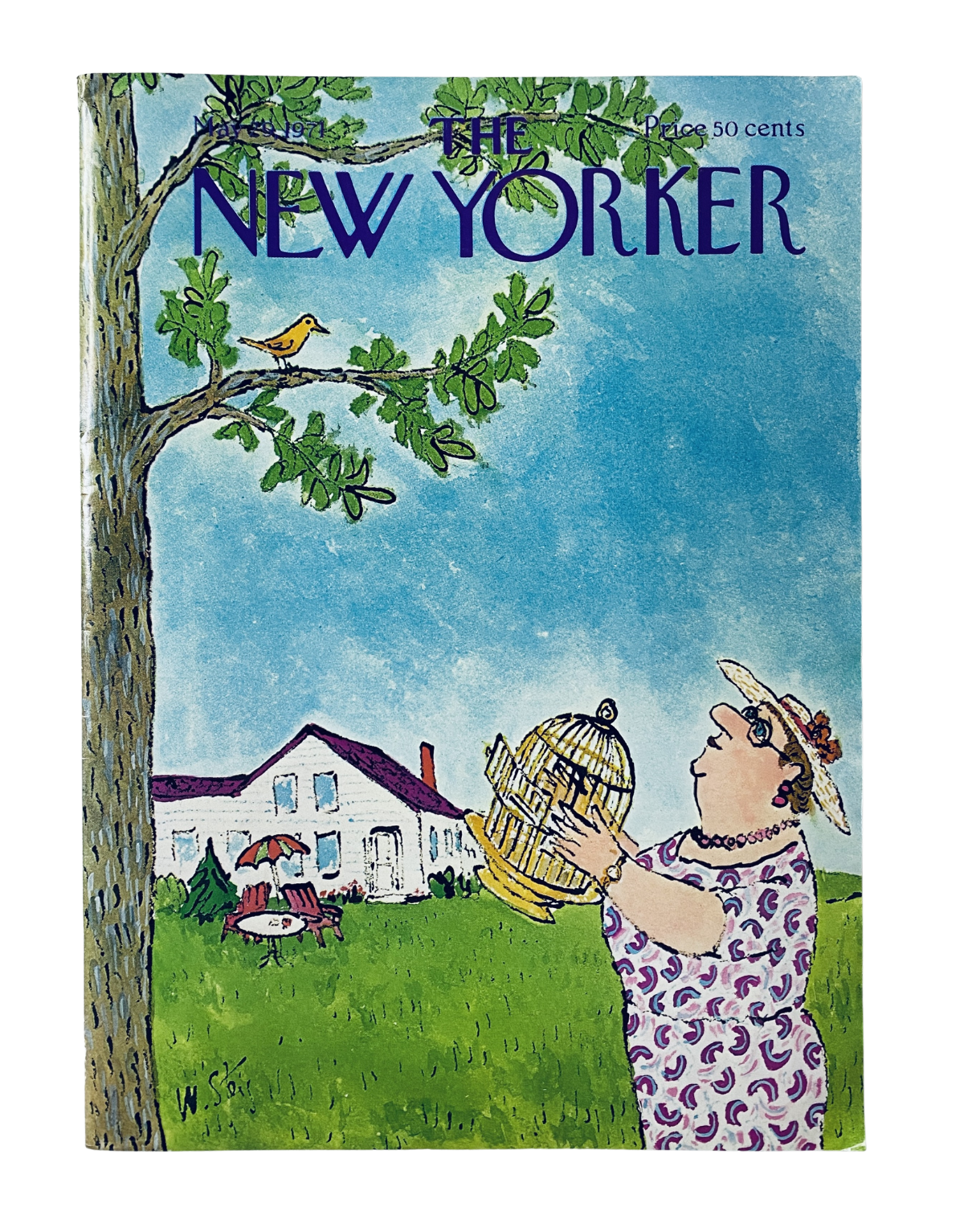 The New Yorker Magazine May 29, 1971 featuring a colorful cover illustration by William Steig, depicting a woman holding a birdcage under a tree with a small bird perched above.