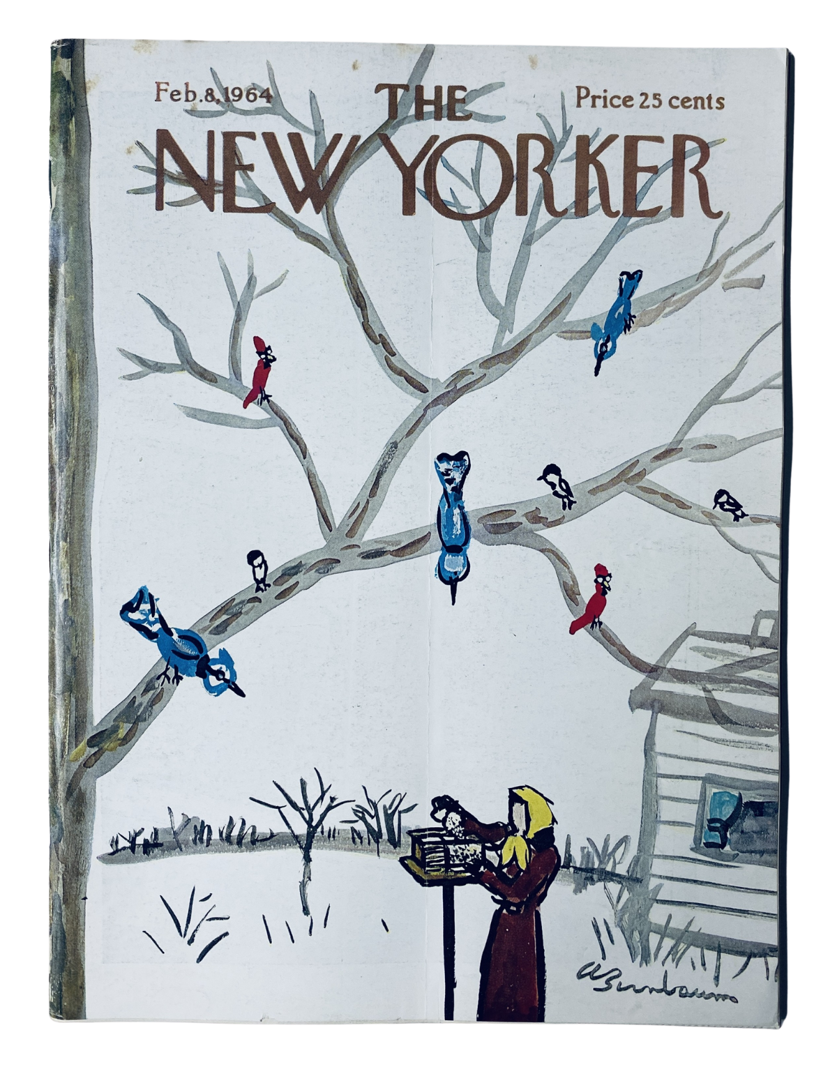 The New Yorker Magazine February 8, 1964 cover featuring artwork by Abe Birnbaum, depicting colorful birds perched on a bare tree, with a person feeding birds in front of a small cabin.