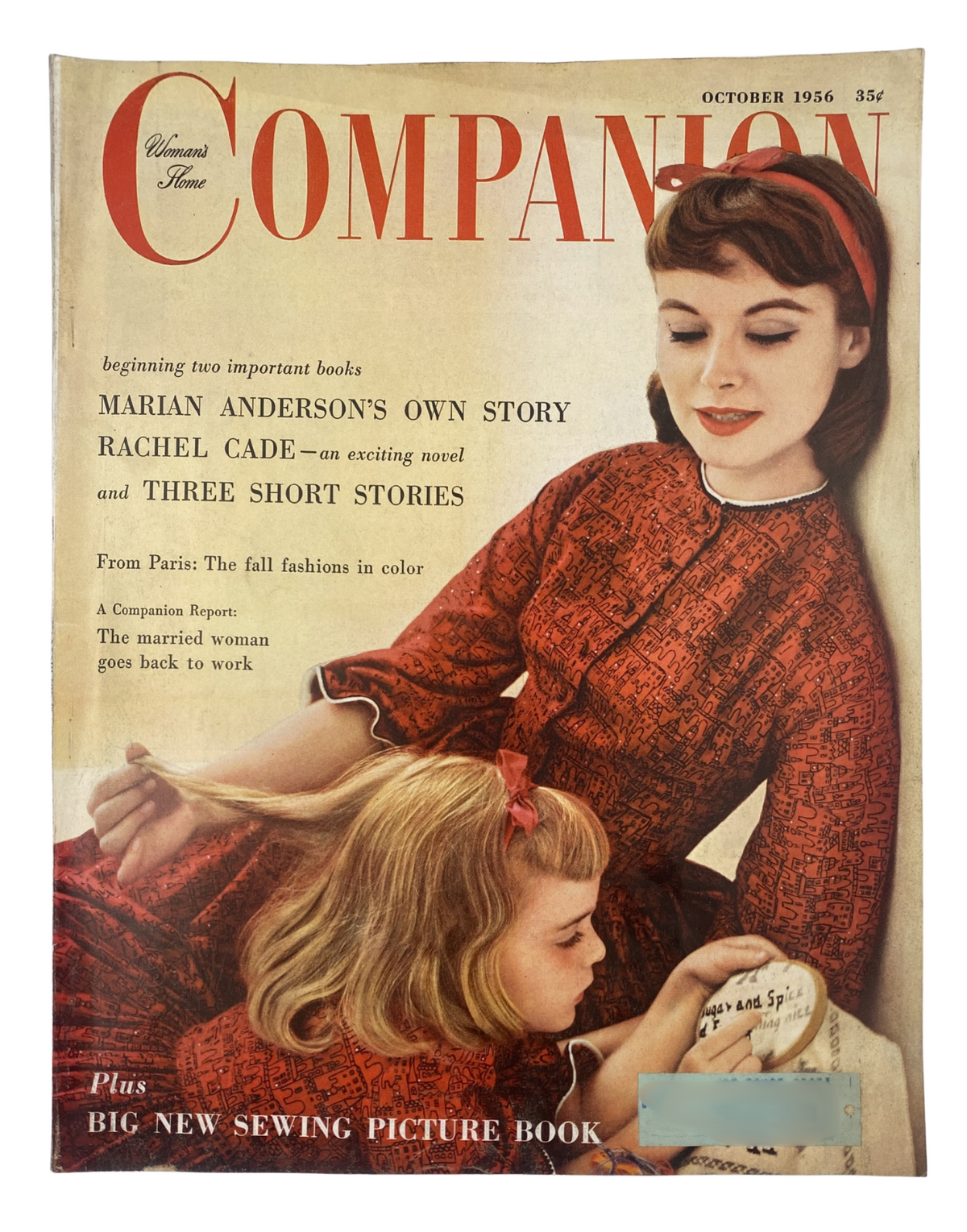 Woman’s Home Companion Magazine October 1956 cover featuring Marian Anderson and Rachel Cade. The cover displays the magazine's title in bold red letters with an illustration of a woman and child, emphasizing special features like Marian Anderson's story.