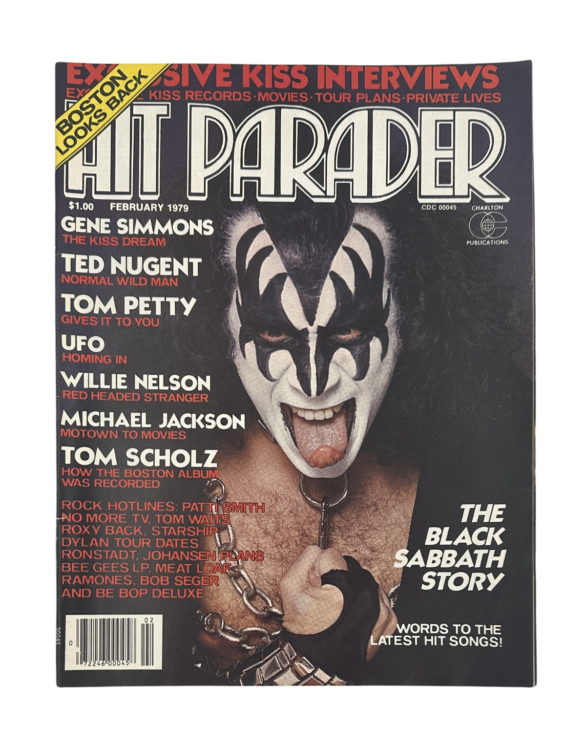 Hit Parader Magazine February 1979 featuring Gene Simmons from KISS on the cover. The magazine highlights interviews with Ted Nugent, Tom Petty, and Michael Jackson, along with the Black Sabbath story.