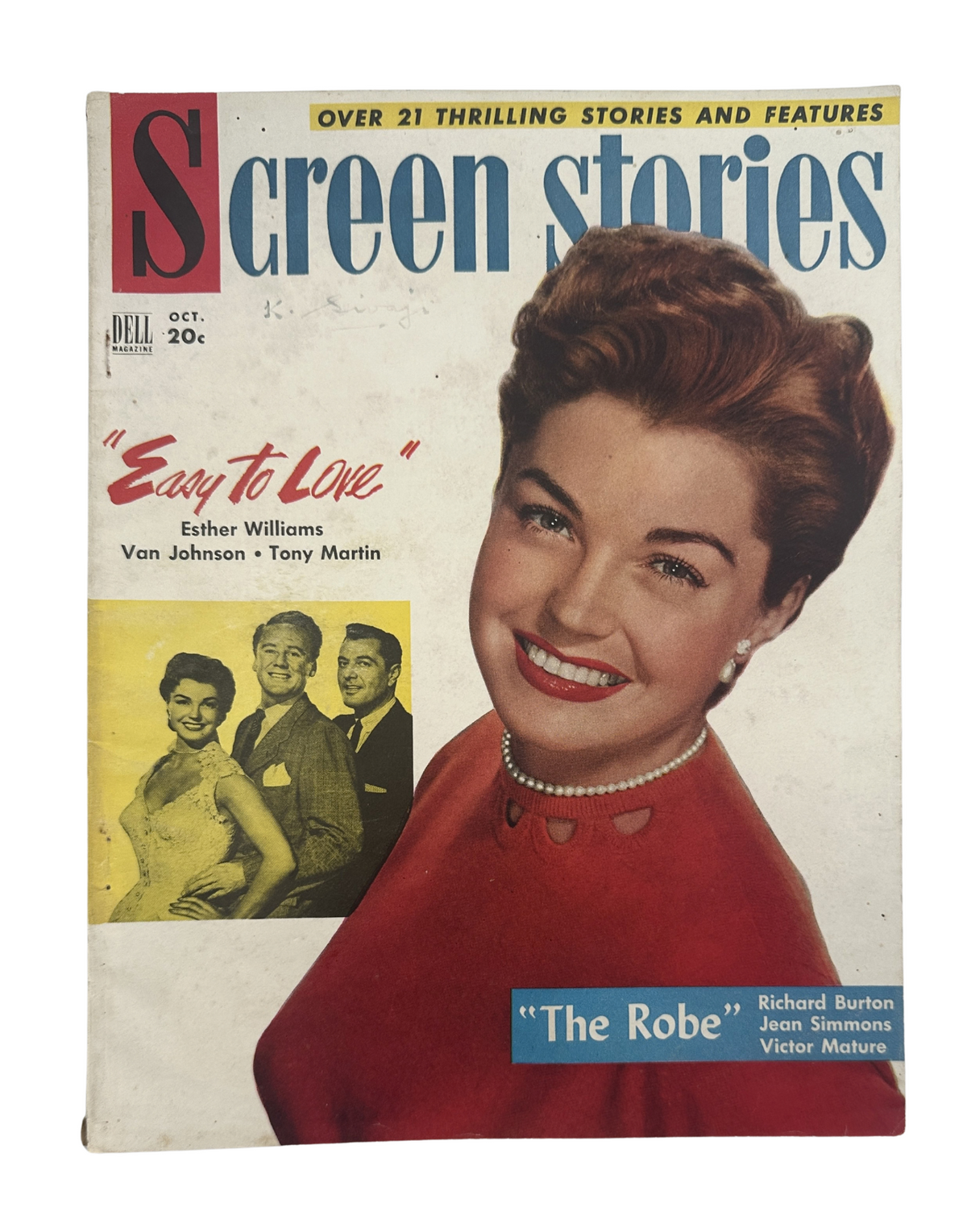 Cover of Screen Stories Magazine October featuring Esther Williams in 'Easy to Love', alongside Van Johnson and Tony Martin, with highlights of 'The Robe' starring Richard Burton, Jean Simmons, and Victor Mature.