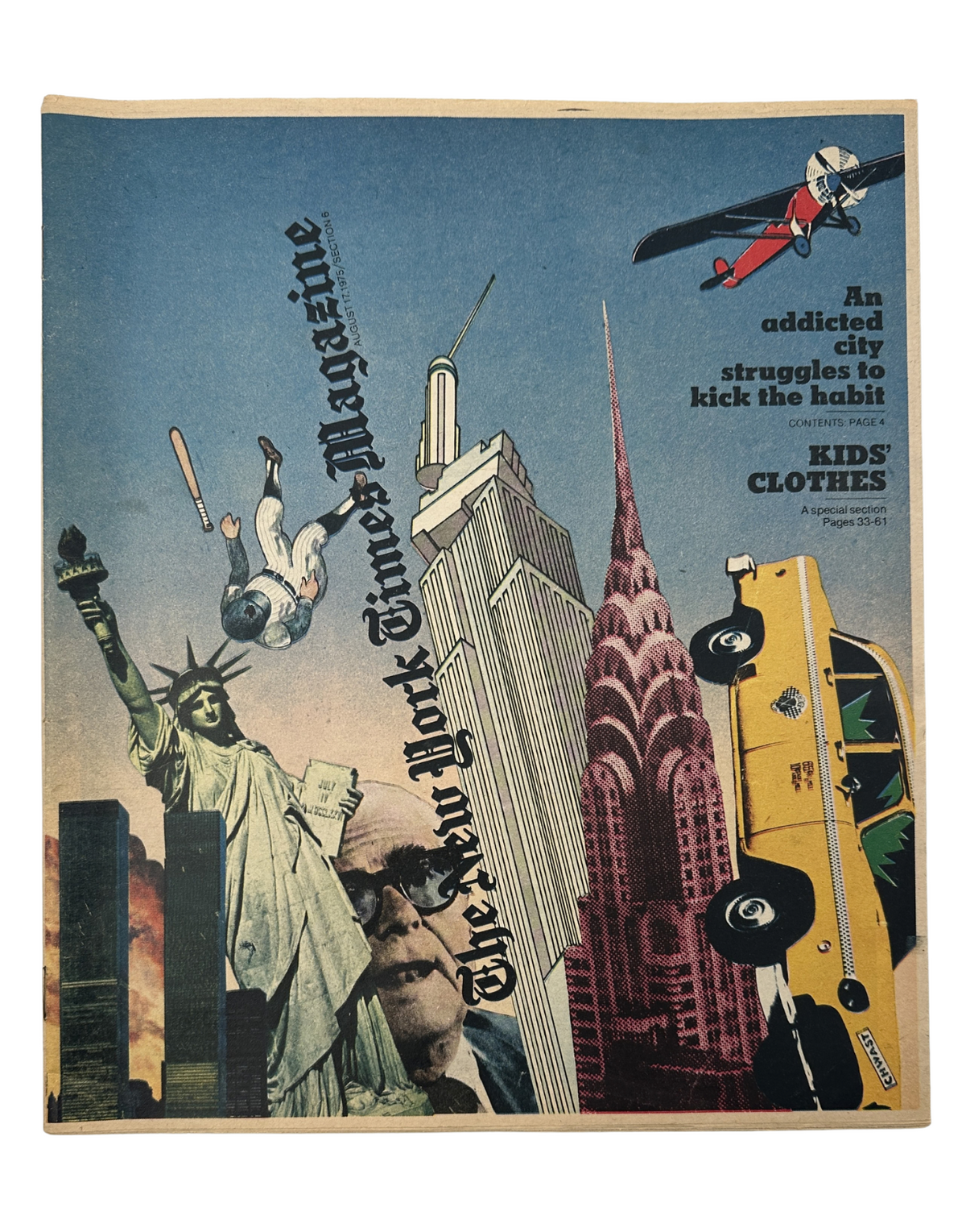 Cover of The New York Times Magazine August 17, 1975 depicting a collage of iconic New York City landmarks, emphasizing the theme of a city struggling with fiscal issues.