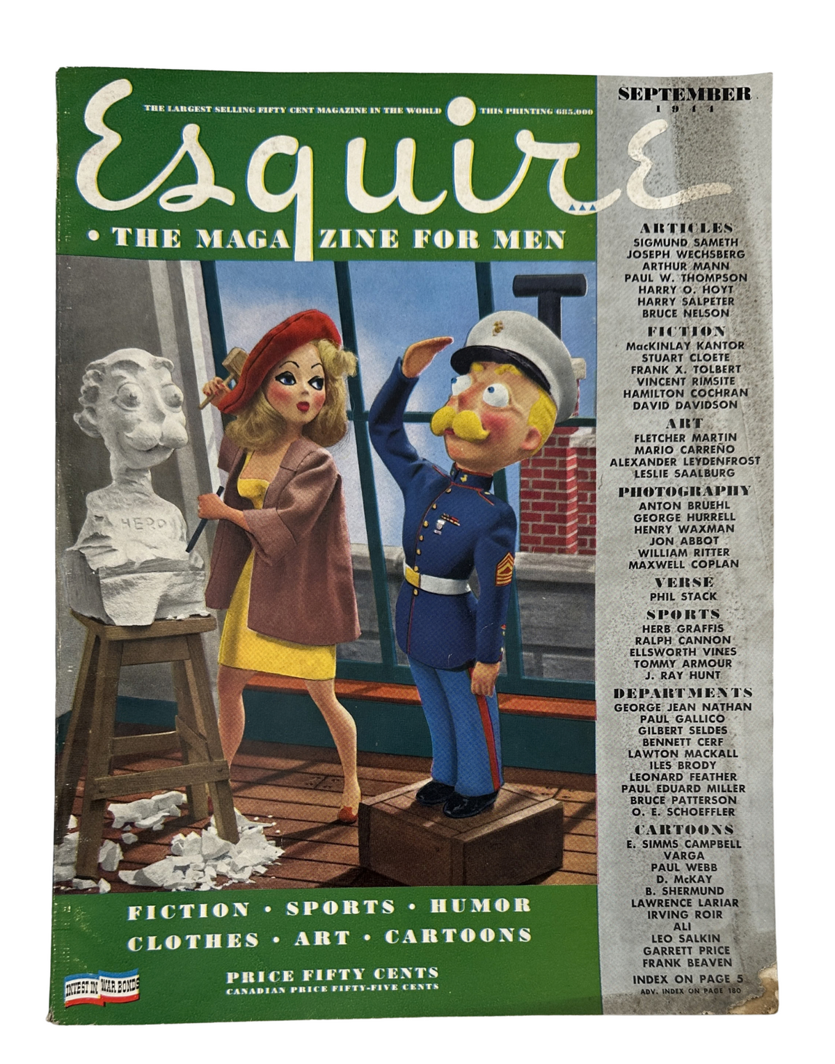 Esquire Magazine September 1944 cover featuring a playful illustration of a soldier and a woman, showcasing WWII art with a Varga foldout pinup. Unique vintage design capturing the essence of mid-20th century magazine culture.