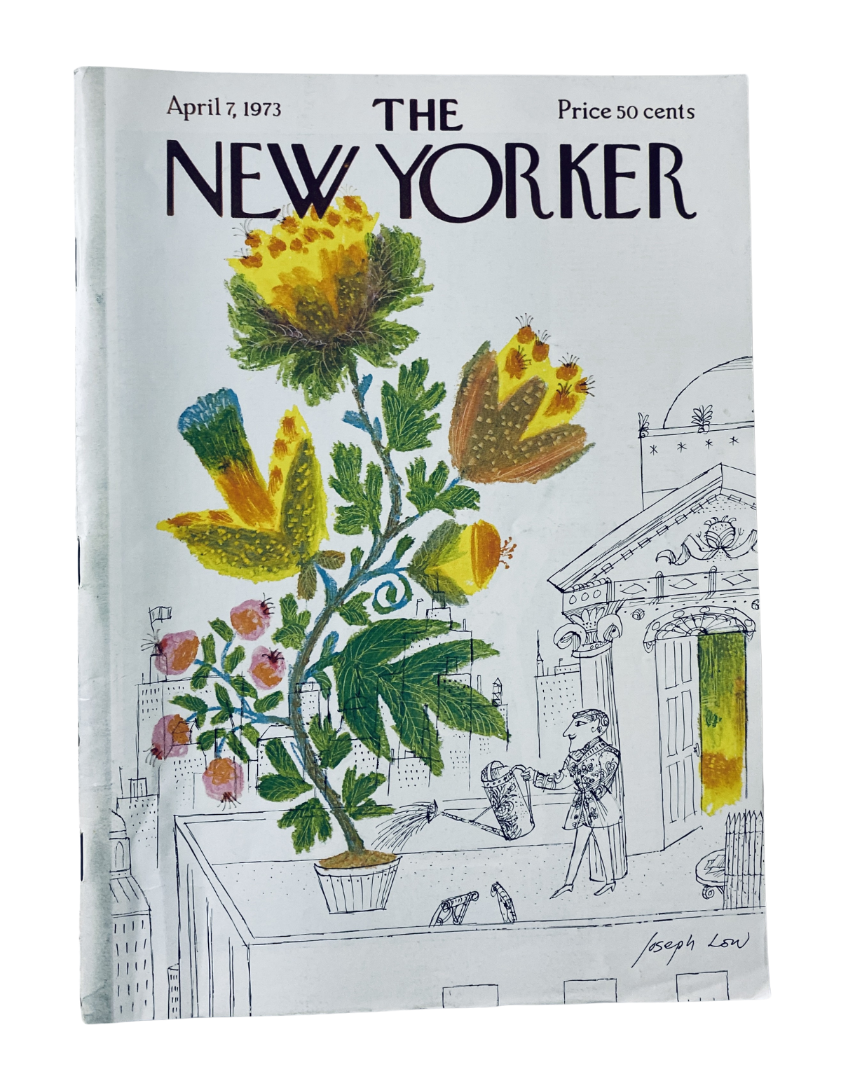 The New Yorker Magazine April 7, 1973, featuring an artistic rooftop flower cover by Joseph Low. The design highlights vibrant flowers against a cityscape background.