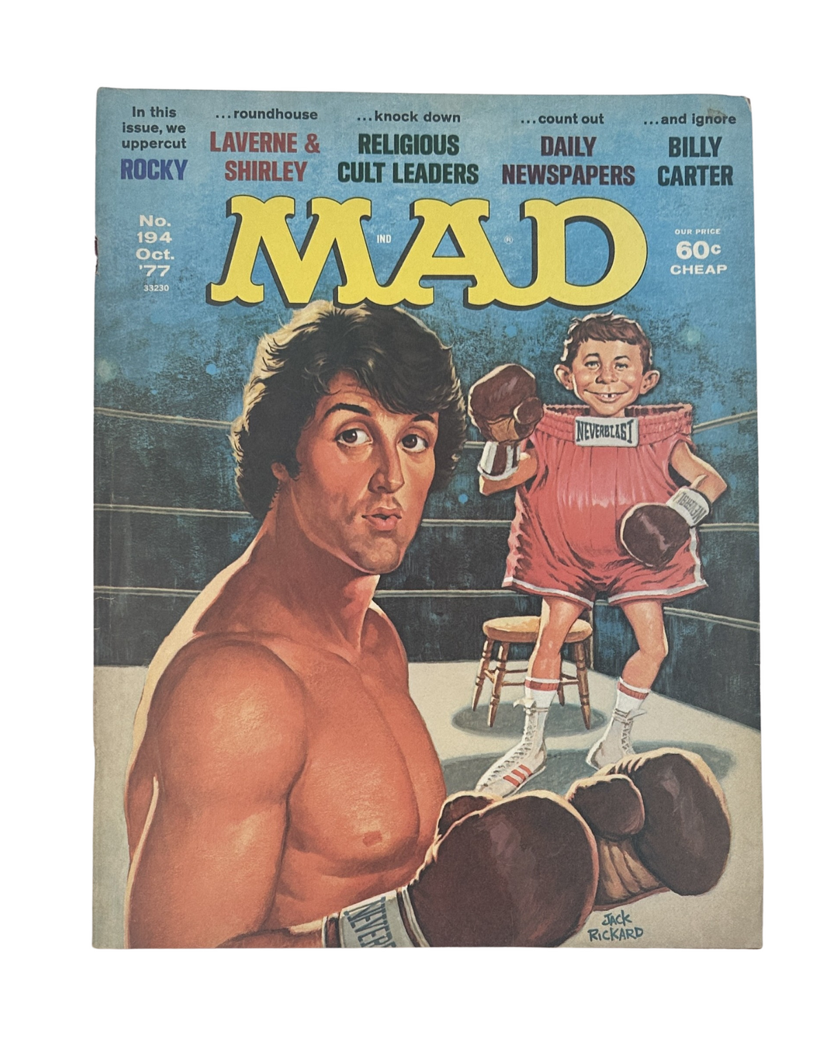 MAD Magazine No. 194 October 1977 cover featuring a boxing scene with Rocky Laverne, satirical depiction related to the movie 'Rocky', showcasing humorous elements typical of MAD Magazine.