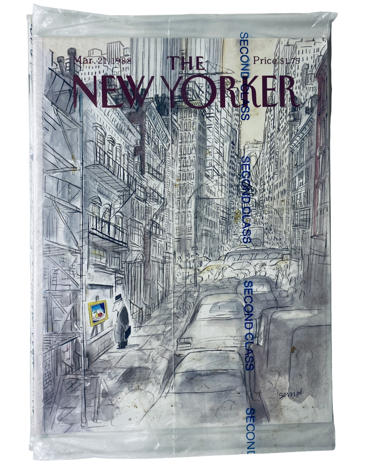 SEALED The New Yorker Magazine March 21, 1988 showcasing a City Street Art cover by Sempé. Original, factory-sealed vintage magazine in mint condition, ideal for collectors.