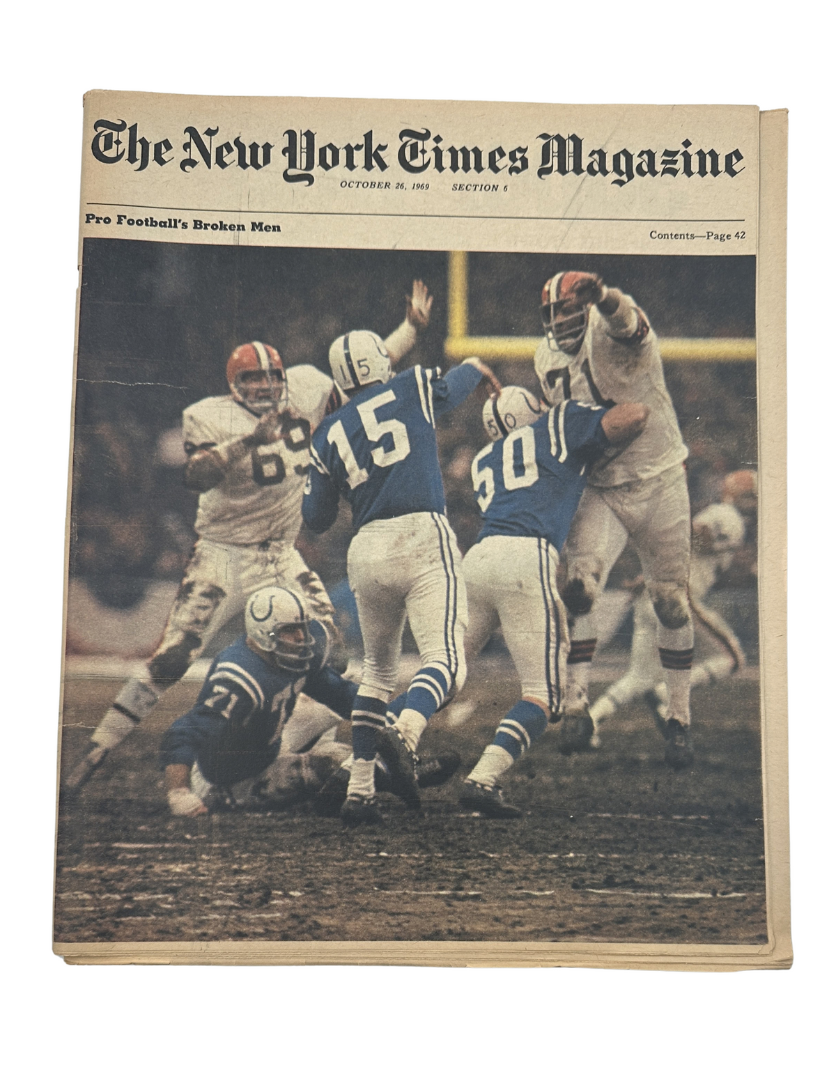 The New York Times Magazine cover from October 26, 1969 featuring the article 'Pro Football’s Broken Men,' showcasing a dramatic football scene with players in action on the field.