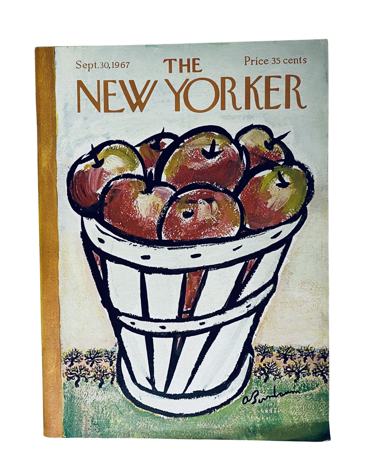 Cover of The New Yorker Magazine dated September 30, 1967, featuring a hand-drawn illustration of an apple basket by Abe Birnbaum, priced at 35 cents.