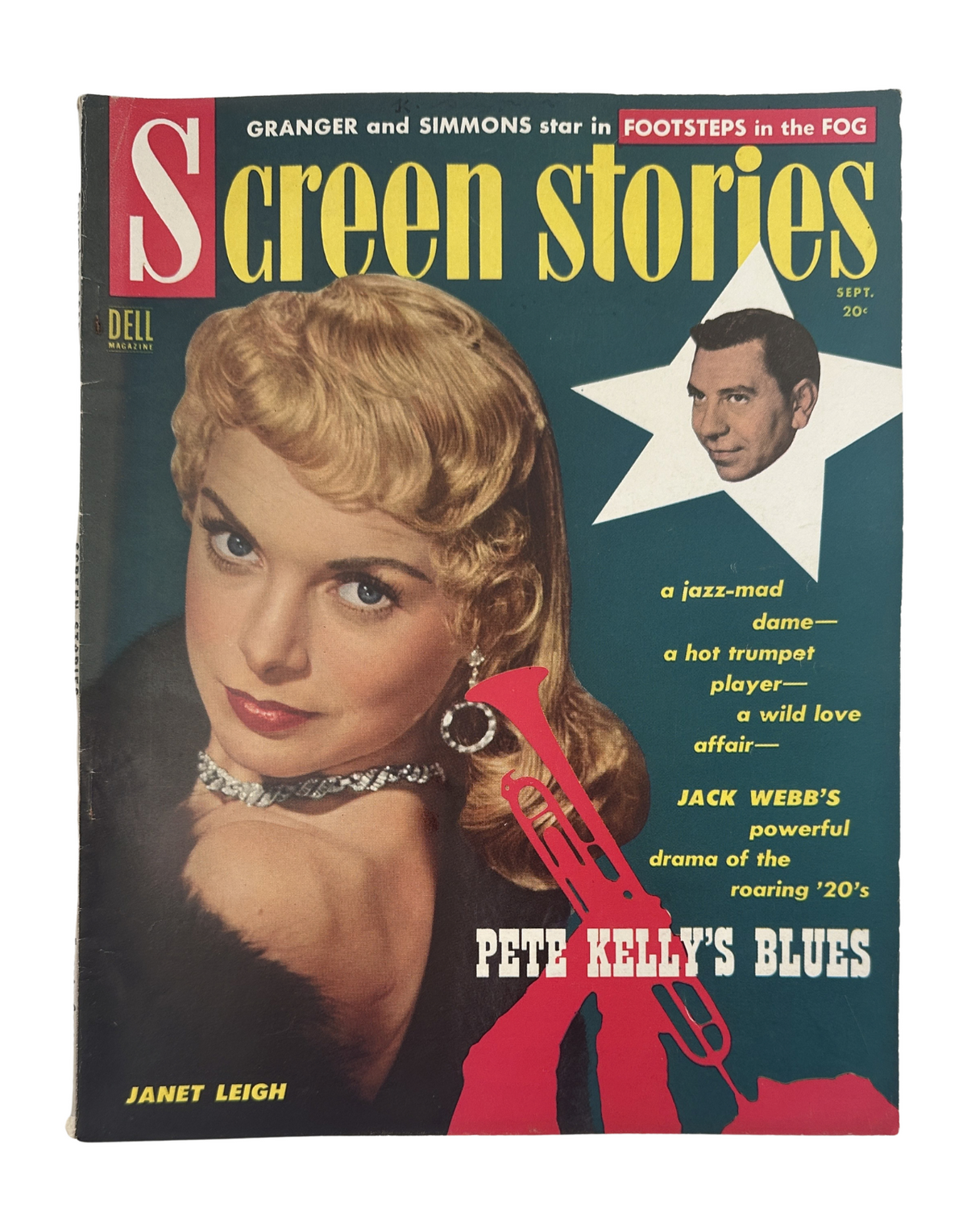 Cover of Screen Stories Magazine from September 1955 featuring Janet Leigh and a spotlight on Pete Kelly's Blues. The magazine showcases a vintage design with bright colors and graphics.