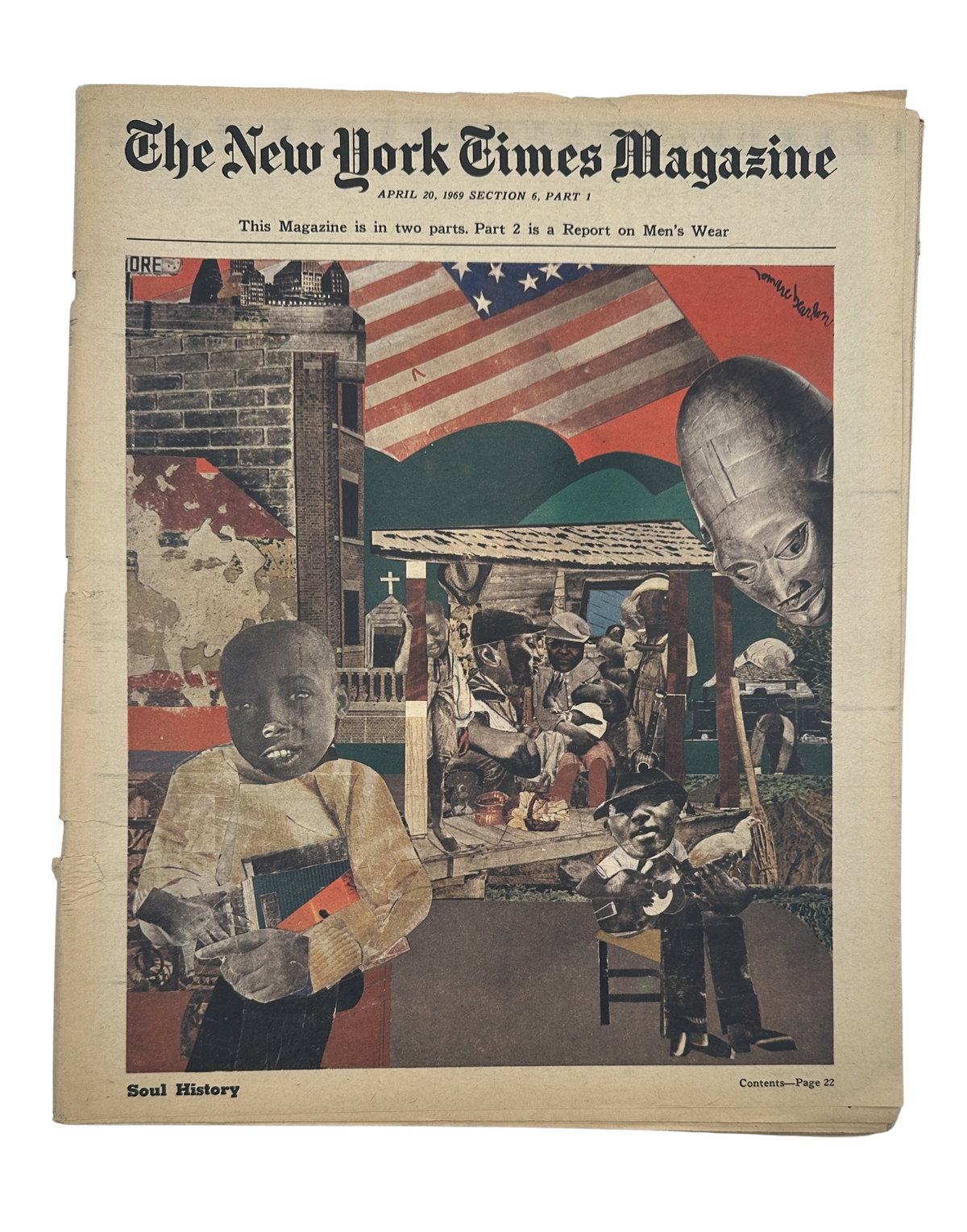 The New York Times Magazine April 20, 1969 Soul History Cover featuring a collage by Romare Bearden showing various cultural influences on African American history.