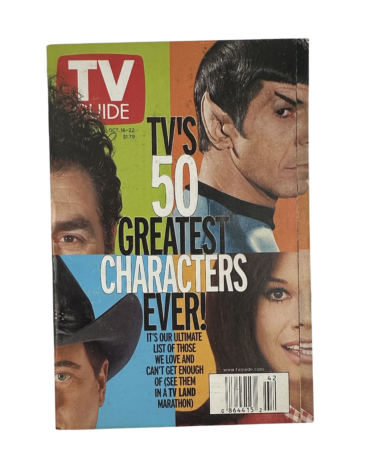Cover of TV Guide Magazine, October 16, 1999, featuring the title 'TV's 50 Greatest Characters Ever!' showcasing iconic characters including Mr. Spock and others.