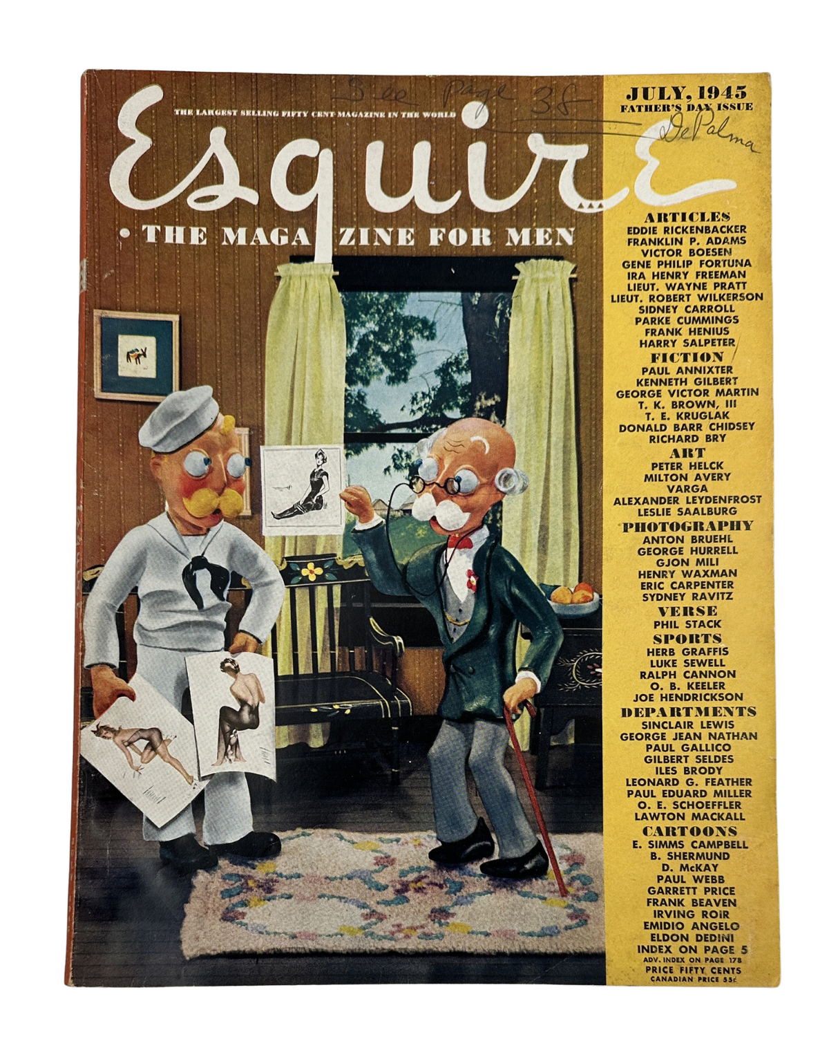 Esquire Magazine July 1945 cover featuring a humorous illustration of two elderly men discussing art, showcasing the magazine's title and various articles.
