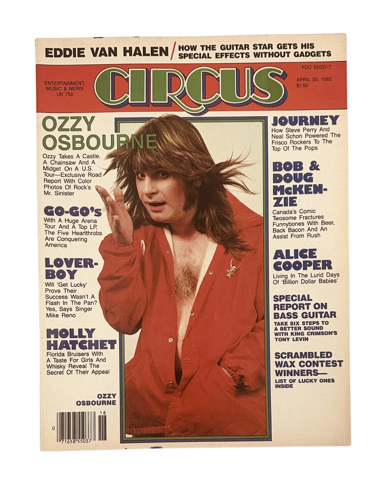 Circus Magazine cover from April 30, 1982 featuring Ozzy Osbourne, Eddie Van Halen, and Journey, showcasing highlights from the rock scene.