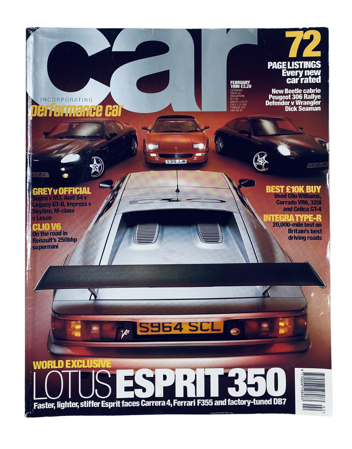 Car Magazine February 1999 featuring Lotus Esprit 350 on the cover, showcasing high-performance cars including Ferrari F355 and DB7, highlighting an exclusive review of the Esprit 350.