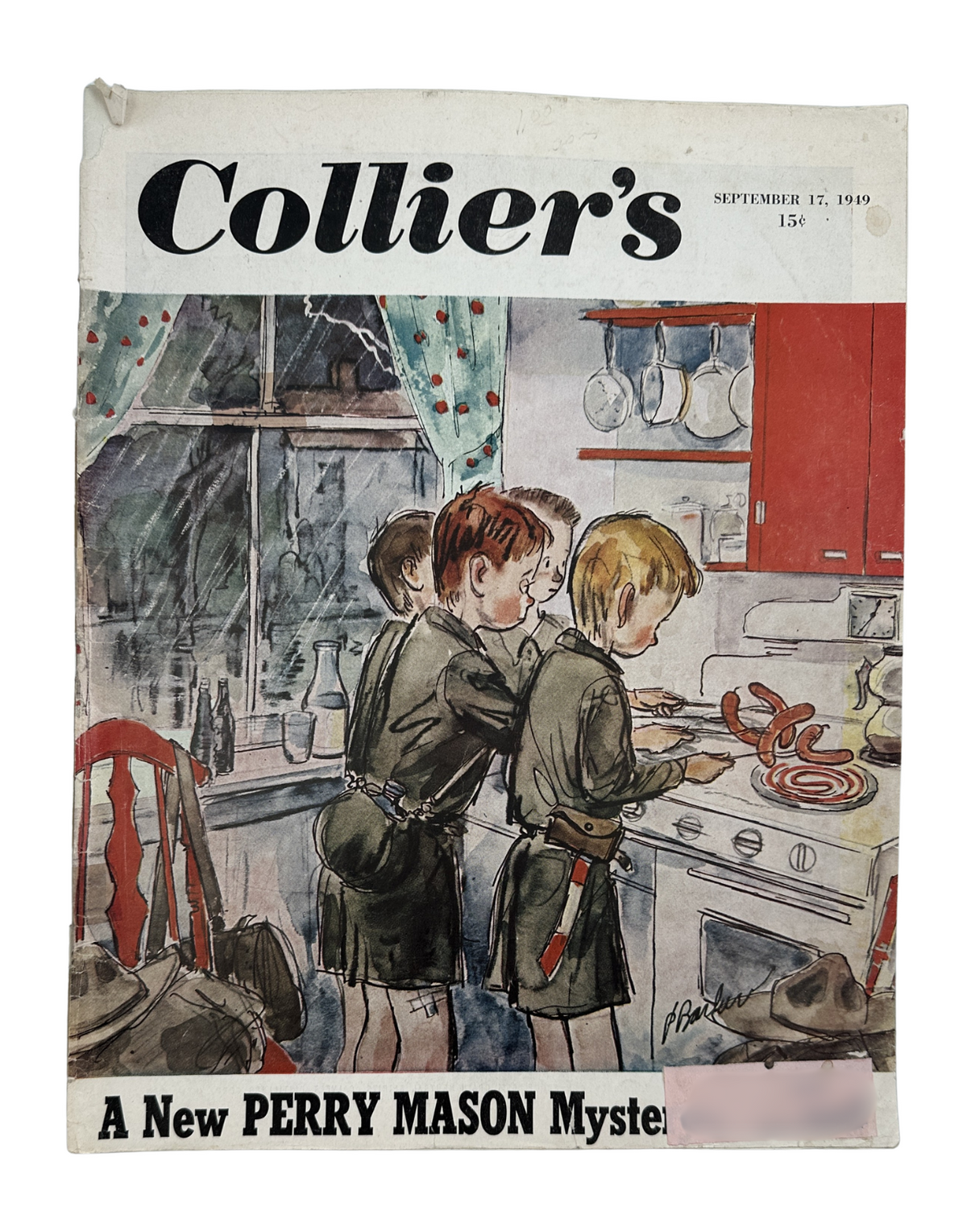 Vintage cover of Collier's Magazine dated September 17, 1949 featuring a new Perry Mason mystery illustration, depicting three children in a kitchen setting.