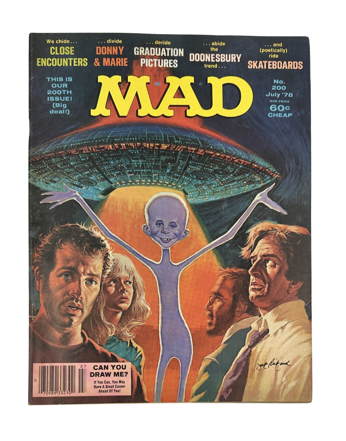 Cover of MAD Magazine No. 200 from July 1978 featuring 'Close Encounters', graduation pictures, and Doonesbury. The artwork depicts an alien figure and characters, highlighting the magazine's humorous take on science fiction themes.