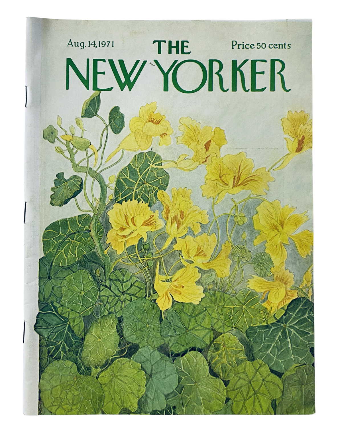 The New Yorker Magazine August 14, 1971 cover featuring a vibrant illustration of yellow flowers over green leaves, highlighting its artistic design.