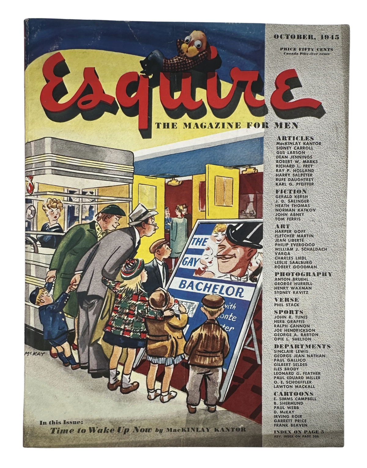 Esquire Magazine cover from October 1945 featuring colorful illustrations of people interacting in a magazine shop, highlighting articles including 'Time to Wake Up Now' by MacKinlay Kantor.