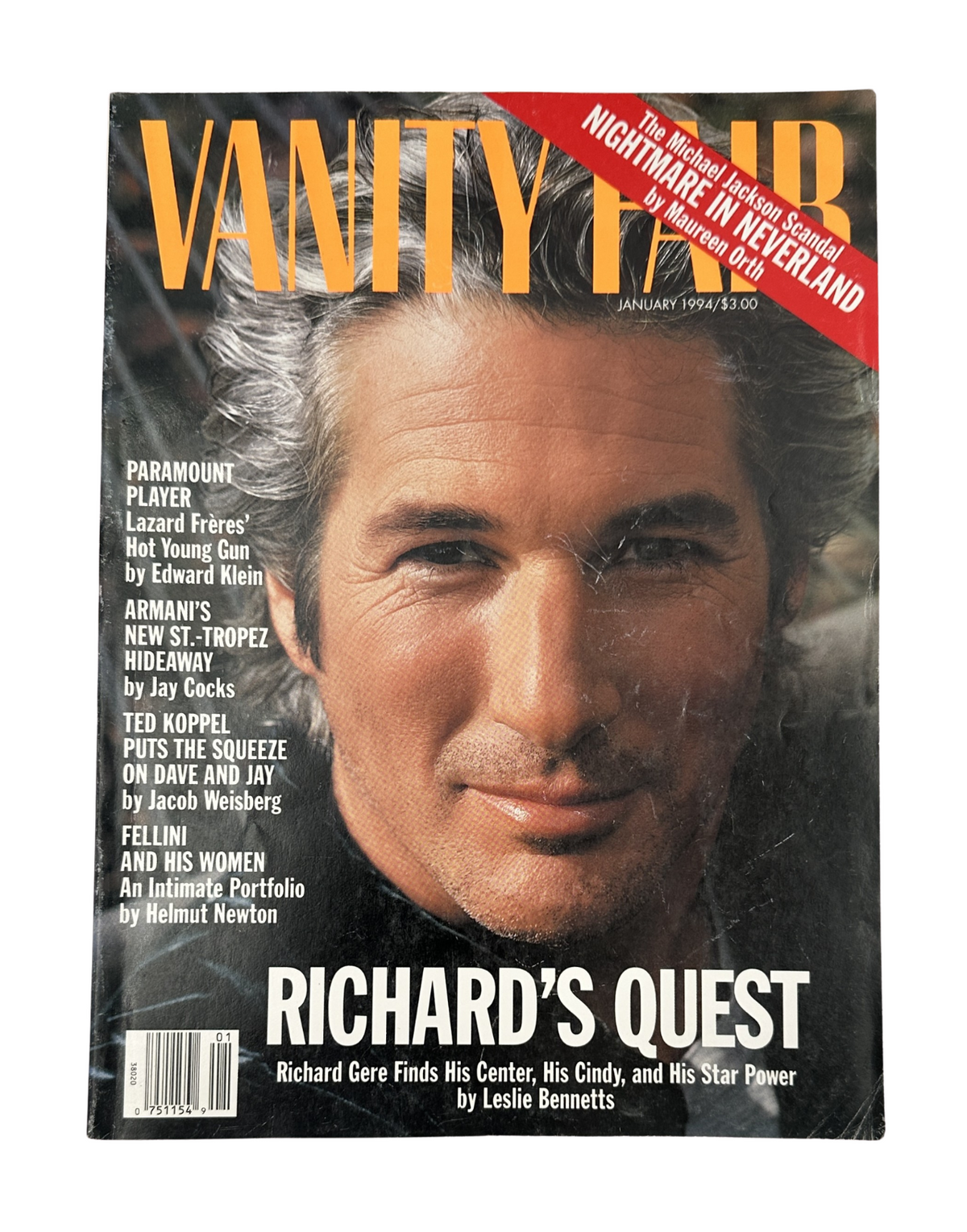 Vanity Fair Magazine January 1994 cover featuring Richard Gere, highlighting his personal insights and the impact of his relationship with Cindy Crawford. The issue includes featured articles on various topics, including an investigation into Michael Jackson.