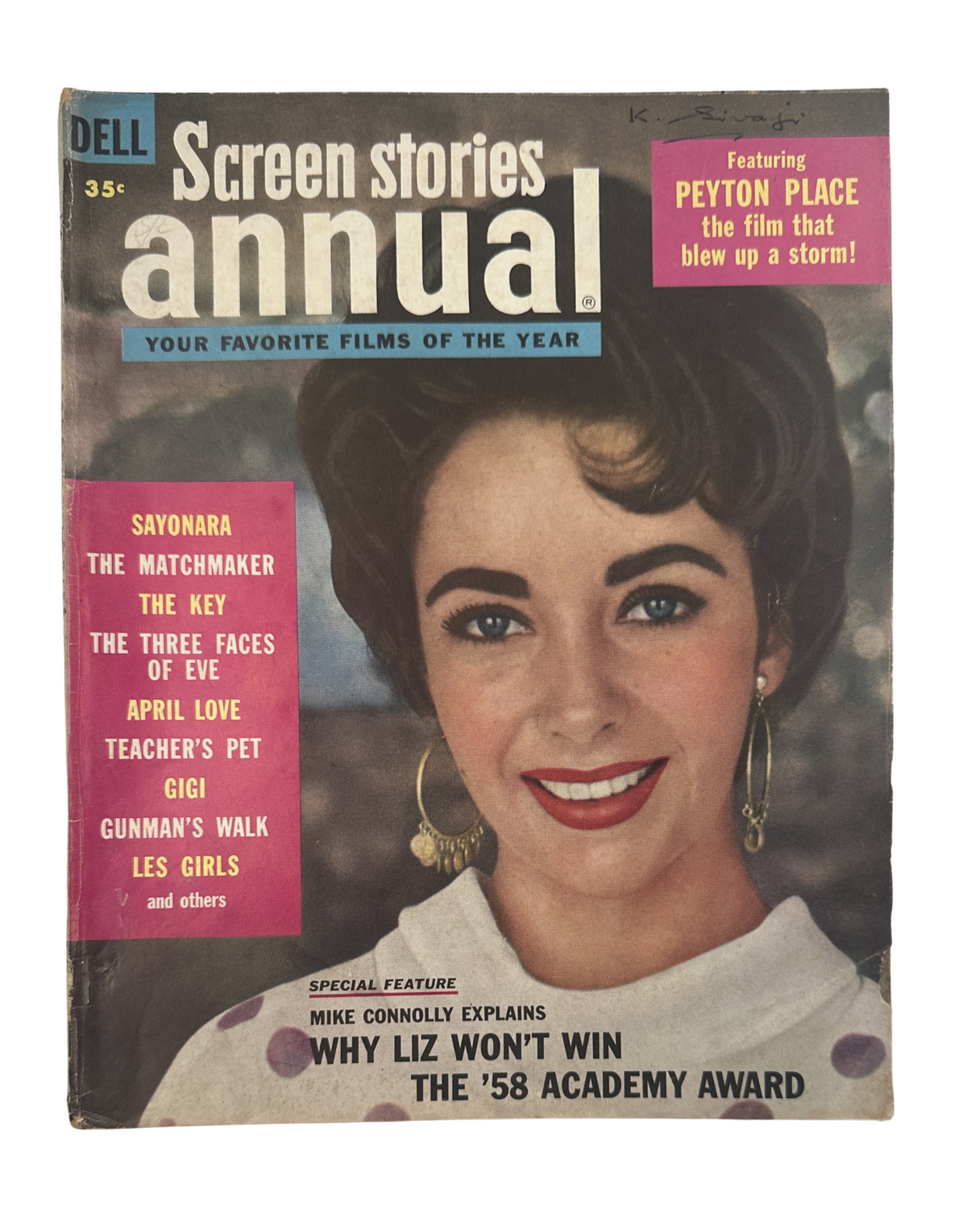 Cover of Screen Stories Magazine Annual featuring Liz Taylor, with headlines about films like Peyton Place and articles discussing why Liz won't win the '58 Academy Award.