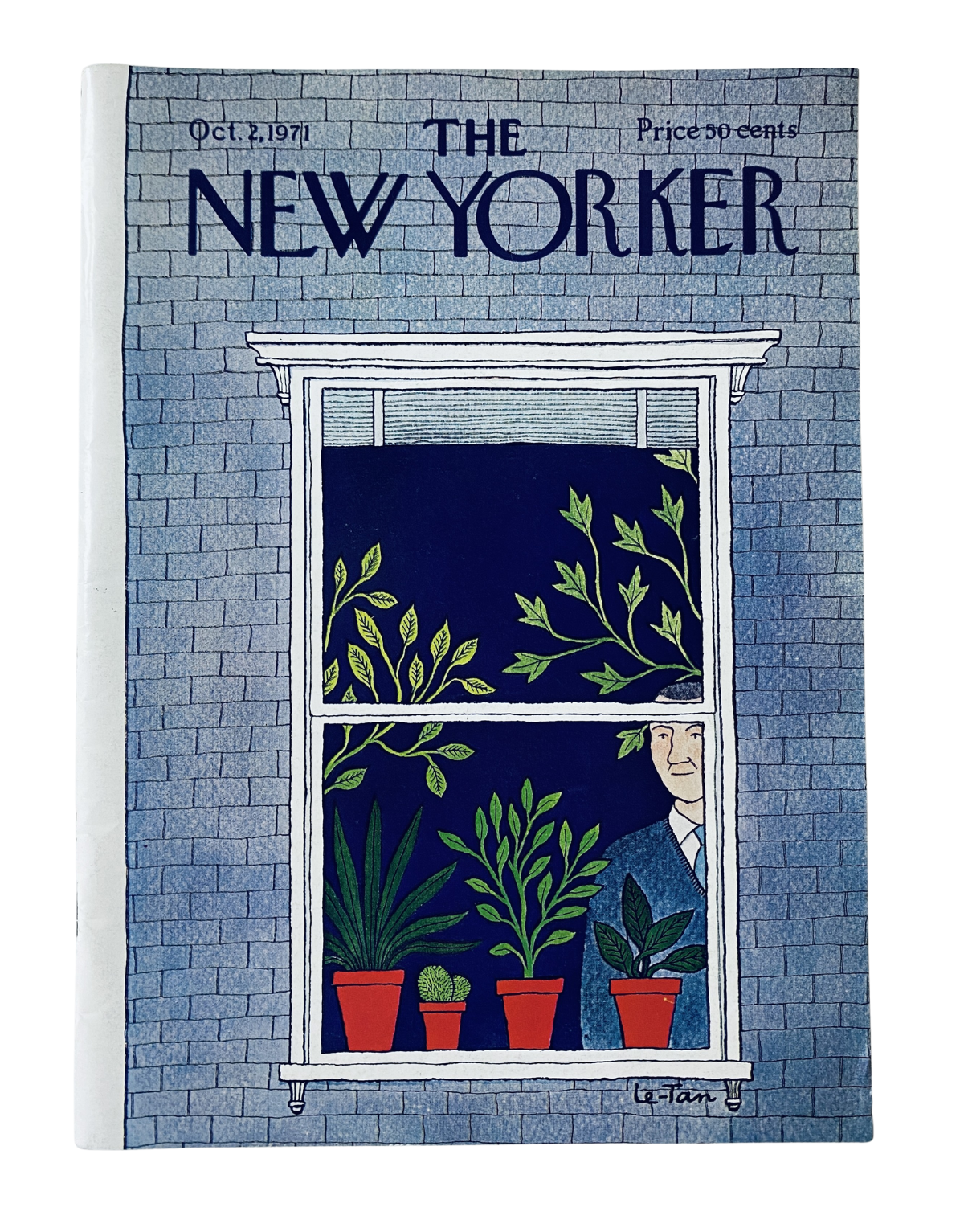 The New Yorker Magazine cover from October 2, 1971, featuring an illustration by Pierre Le-Tan depicting a window scene with various plants in pots and a man looking out. The cover is in very good condition with light edge wear.
