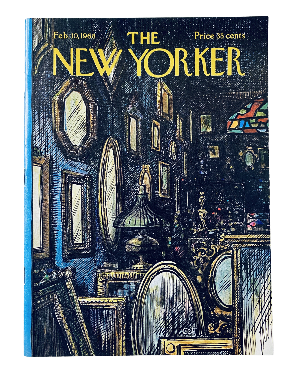 Cover of The New Yorker Magazine from February 10, 1968, featuring interior art by Arthur Getz, showcasing an array of mirrors in a richly decorated room.