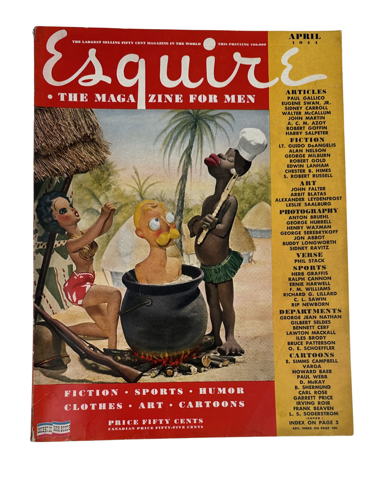 Cover of Esquire Magazine April 1944 featuring a Varga foldout pinup and artwork by John Falter, with a whimsical illustration set in a tropical theme. The magazine includes articles on WWII and cultural insights.