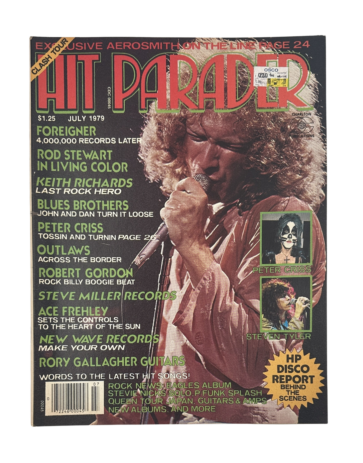Hit Parader Magazine July 1979 cover featuring Lou Gramm, Steven Tyler, and Peter Criss in very good condition, showcasing popular rock artists of the late 70s.