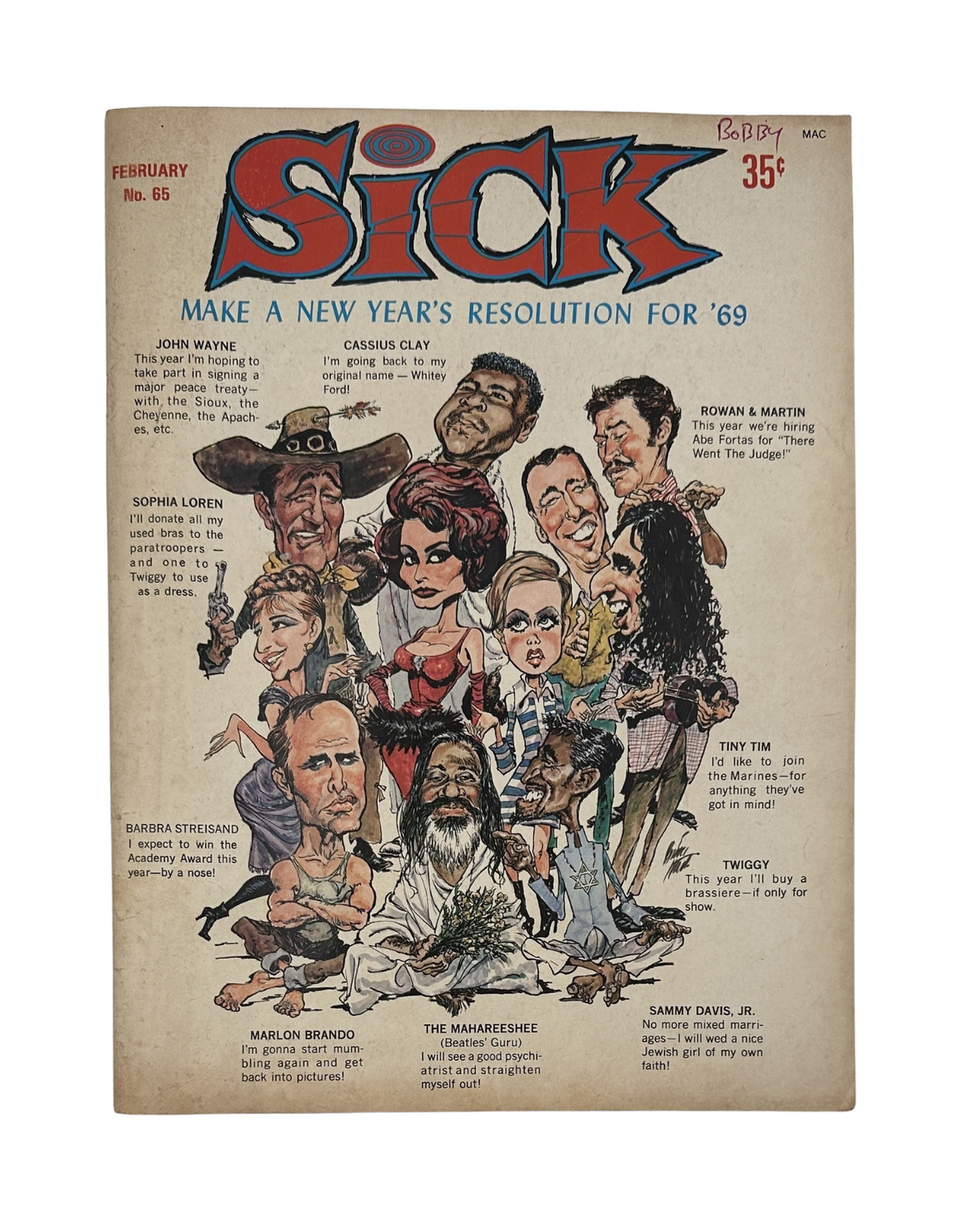 Cover of Sick Magazine No. 65, February 1969 featuring satirical illustrations of John Wayne, Cassius Clay, Twiggy, and other celebrities with humorous captions.