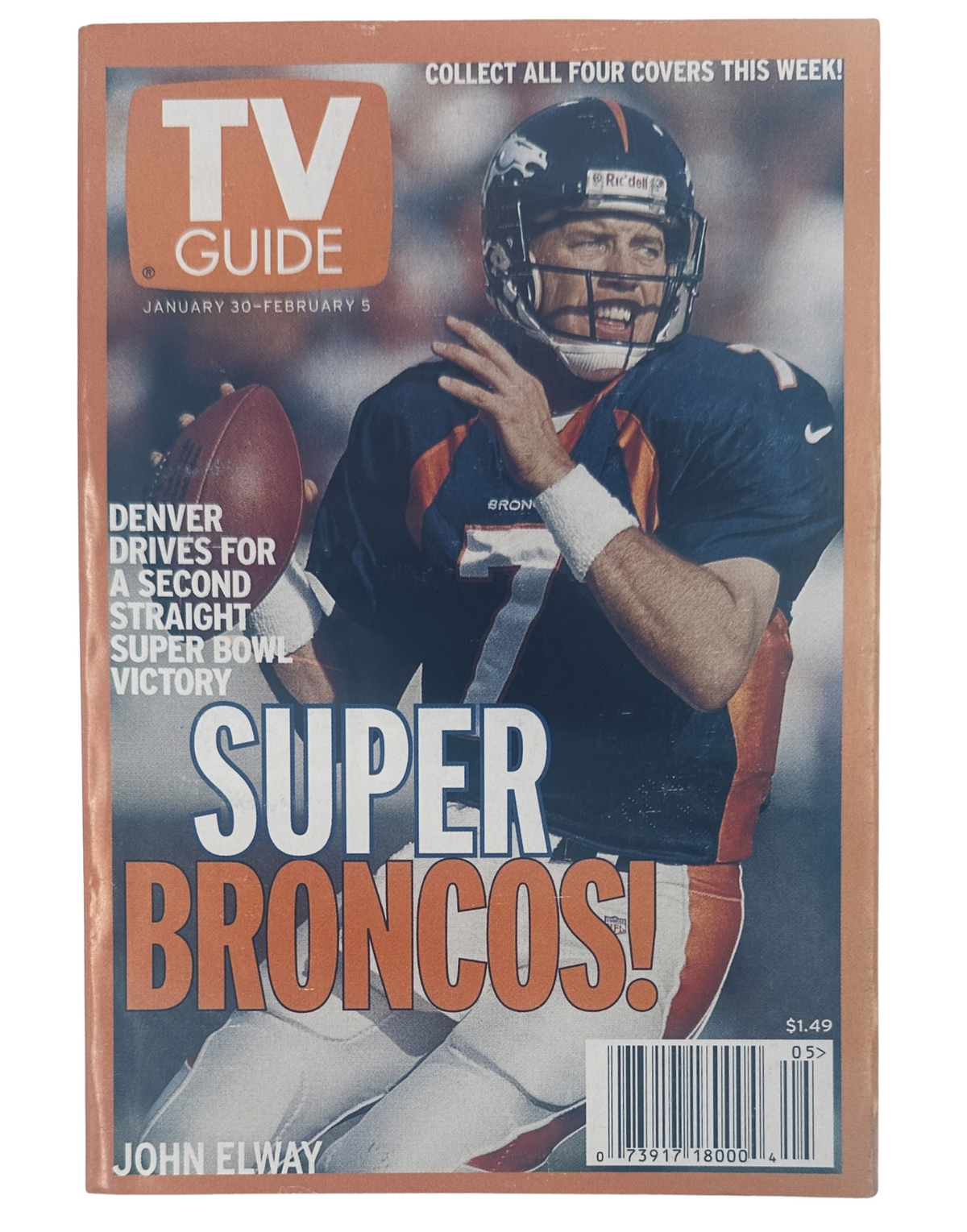 TV Guide Magazine January 30, 1999 cover featuring John Elway, celebrating the Super Bowl victory of the Denver Broncos with a striking image of Elway in action.