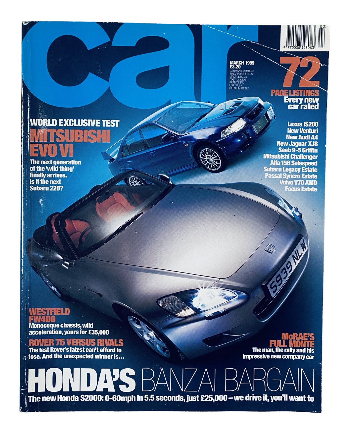 CAR Magazine March 1999 cover featuring the Honda S2000, with a stunning silver roadster showcased and highlights including Mitsubishi Evo VI and Rover 75 competition.