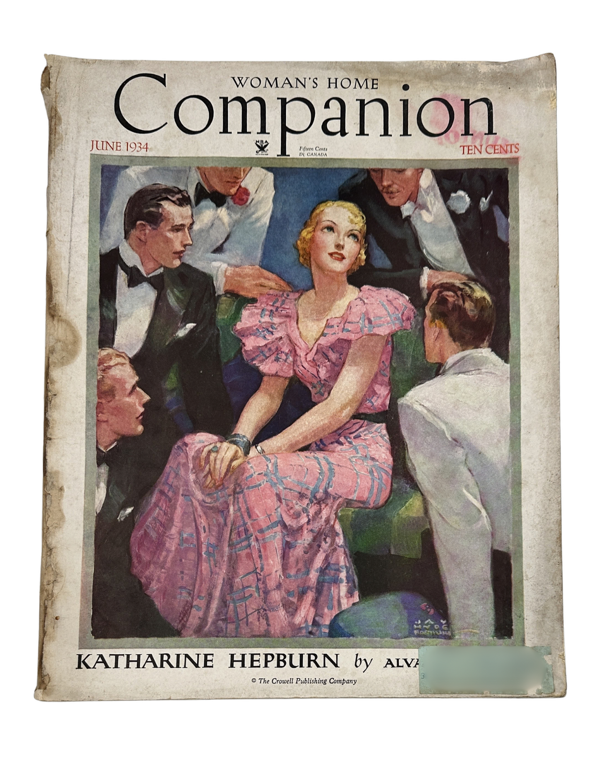 Cover of Woman’s Home Companion Magazine from June 1934 featuring Katharine Hepburn, illustrated in vibrant colors with a vintage art deco style.