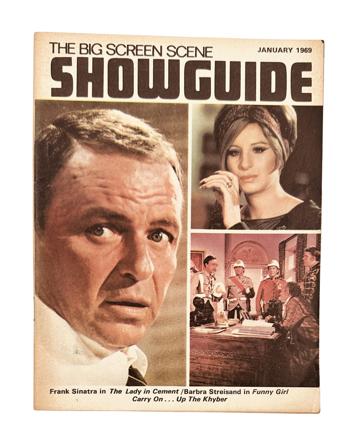 Showguide Magazine January 1969 cover featuring Frank Sinatra in The Lady in Cement and Barbra Streisand in Funny Girl, showcasing iconic late-1960s cinema.