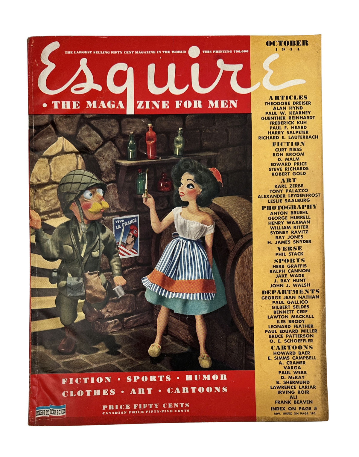 Esquire Magazine October 1944 cover featuring a whimsical illustration with a soldier and a pinup girl, showcasing vintage artwork and typography for men's culture.