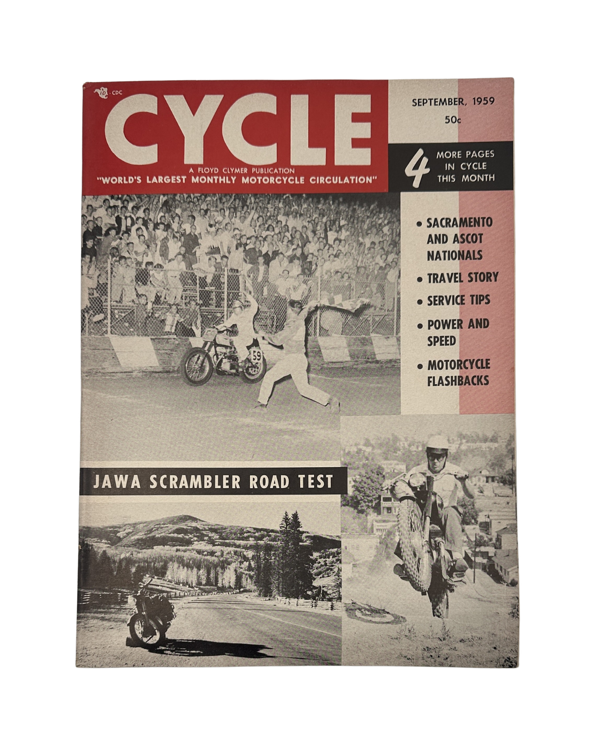 Cycle Magazine September 1959 cover featuring the JAWA Scrambler Road Test with racing images and magazine details.