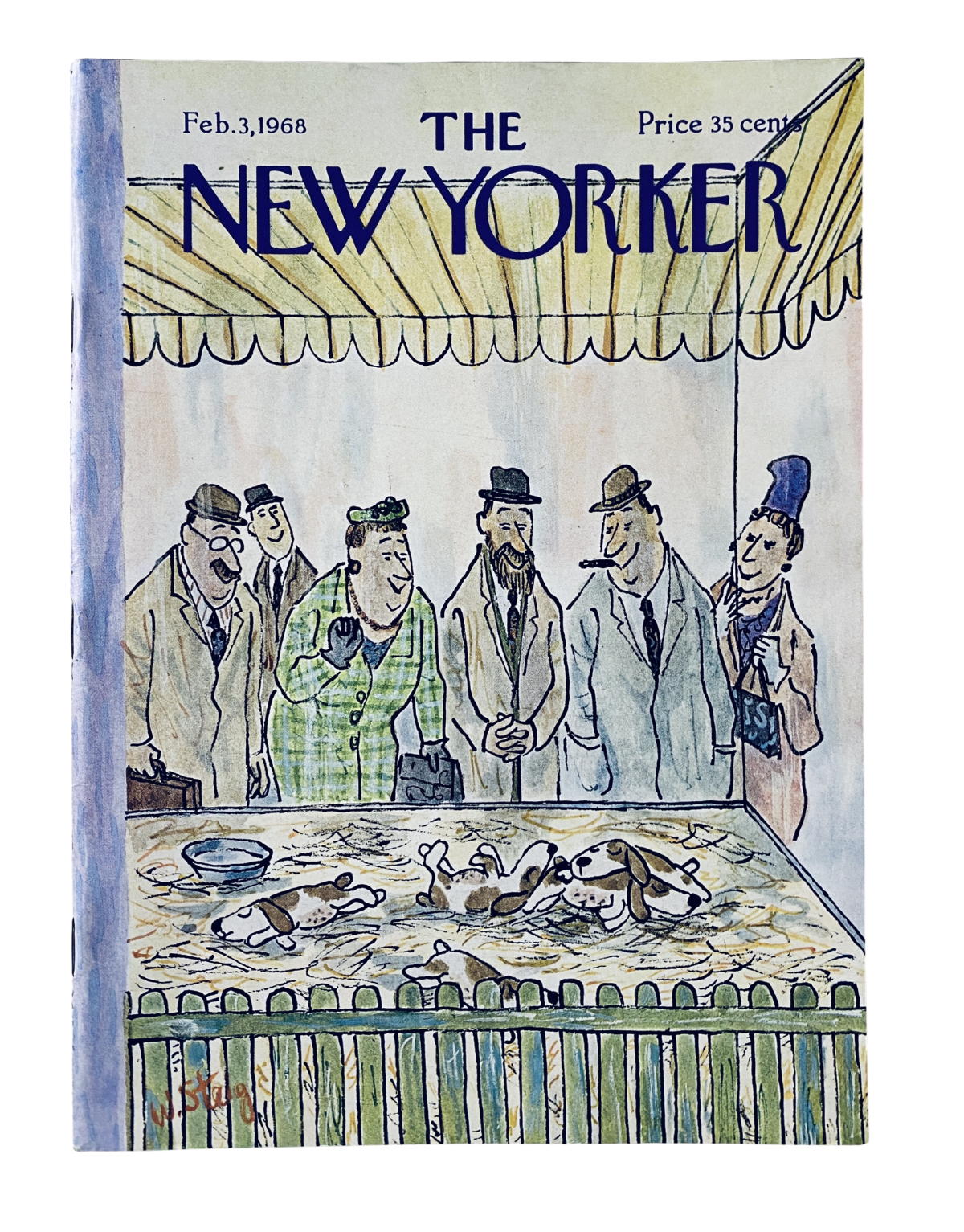 The New Yorker Magazine February 3, 1968 cover featuring a whimsical illustration of men observing dogs at a dog show, capturing the essence of mid-20th century humor.