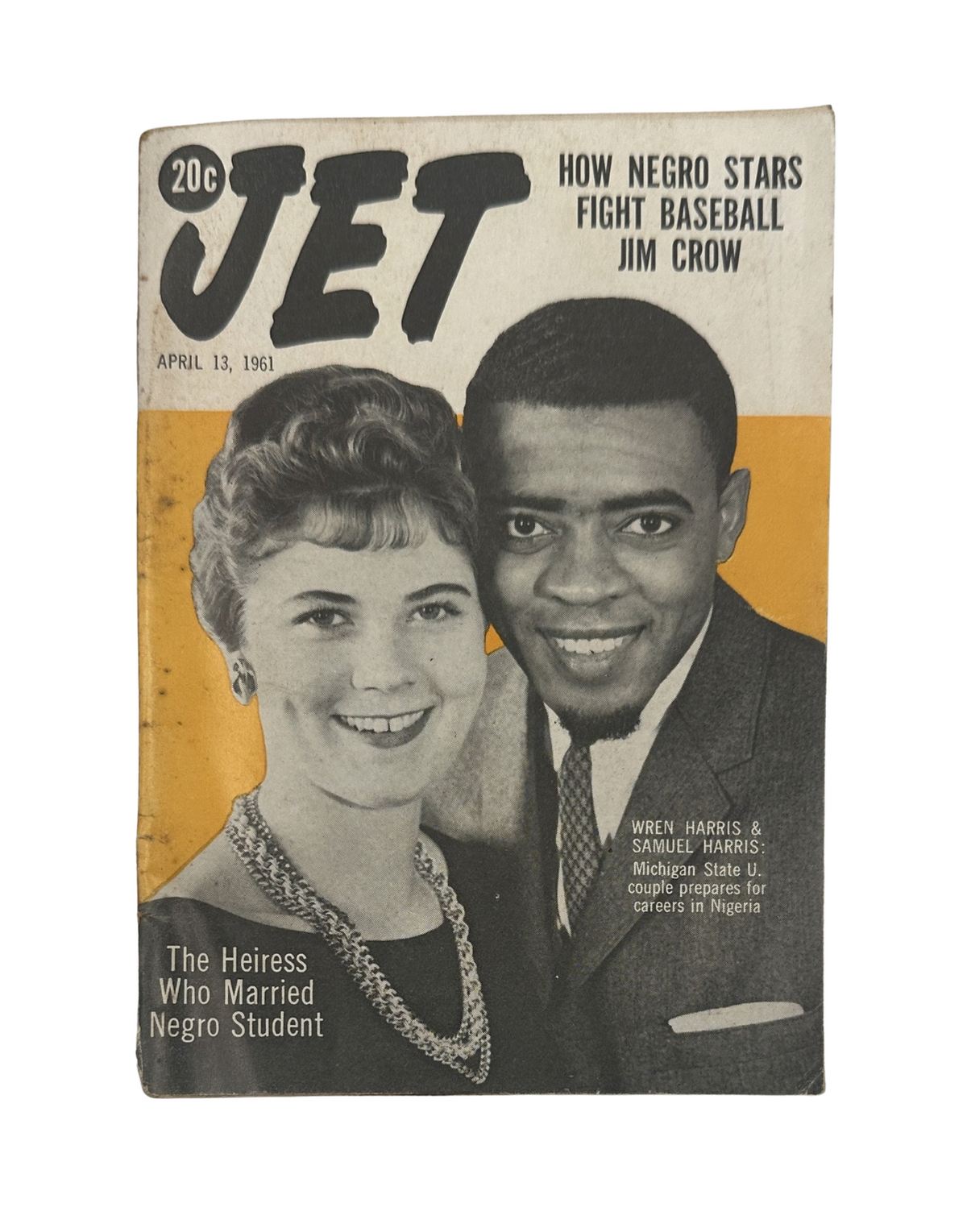 Jet Magazine cover from April 13, 1961 featuring Wren and Samuel Harris with the headline 'How Negro Stars Fight Baseball Jim Crow'. The cover also highlights 'The Heiress Who Married Negro Student'.