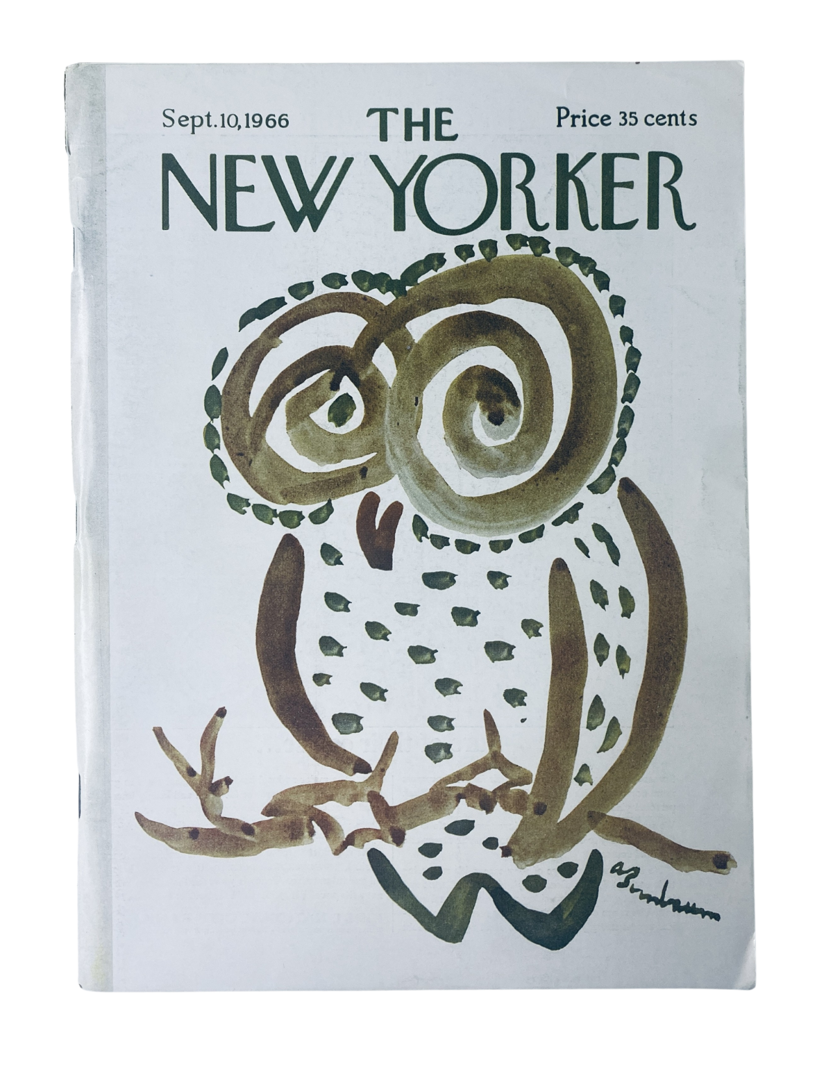 The New Yorker Magazine September 10, 1966 cover featuring an artistic illustration of an owl by Abe Birnbaum, highlighting the magazine's vintage design.