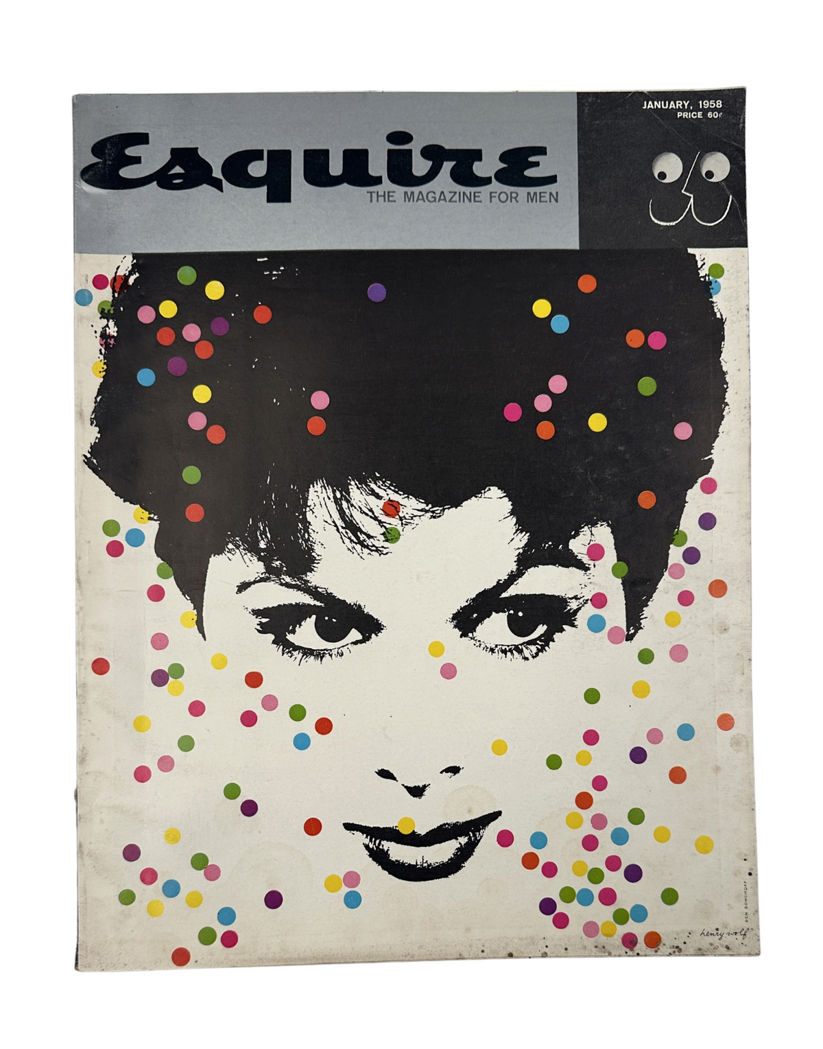 Esquire Magazine cover from January 1958 featuring a unique design with dots and an artistic illustration of a woman's face, highlighting the title 'Esquire: The Magazine for Men'.