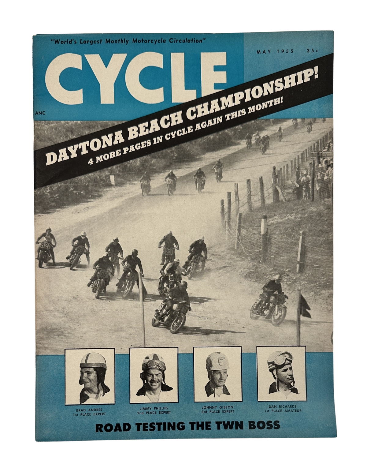 Cycle Magazine, May 1955, featuring the Daytona Beach Championship on the cover. This vintage motorcycle magazine showcases images of racers competing on Daytona Beach, highlighting the excitement of motorcycle racing.