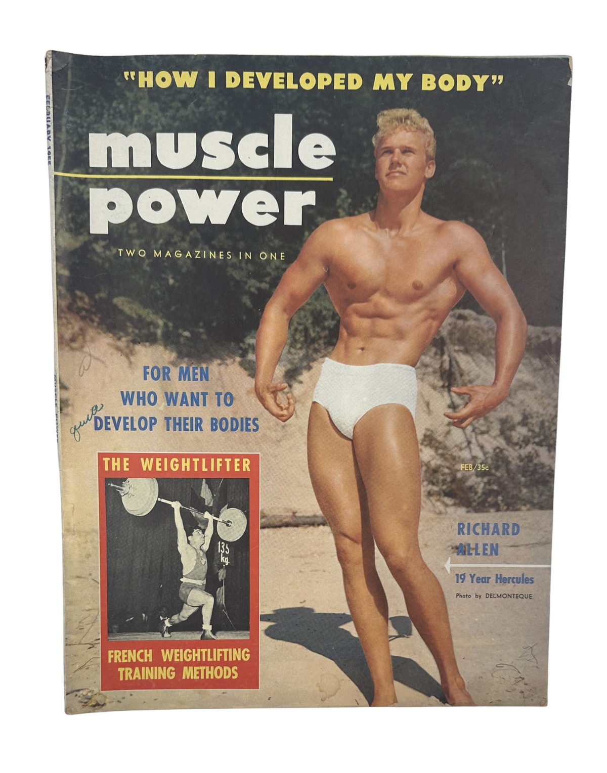 Muscle Power Magazine February 1955 cover featuring Richard Allen, a 19-year-old Hercules, showcasing French weightlifting methods. The magazine highlights bodybuilding and fitness for men.