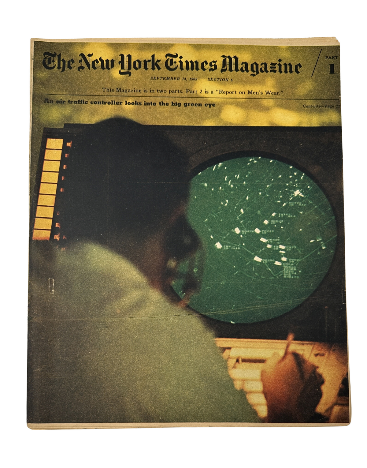 The New York Times Magazine September 14, 1969 featuring an air traffic controller monitoring flight data on a radar screen, showcasing the cover design of the issue.